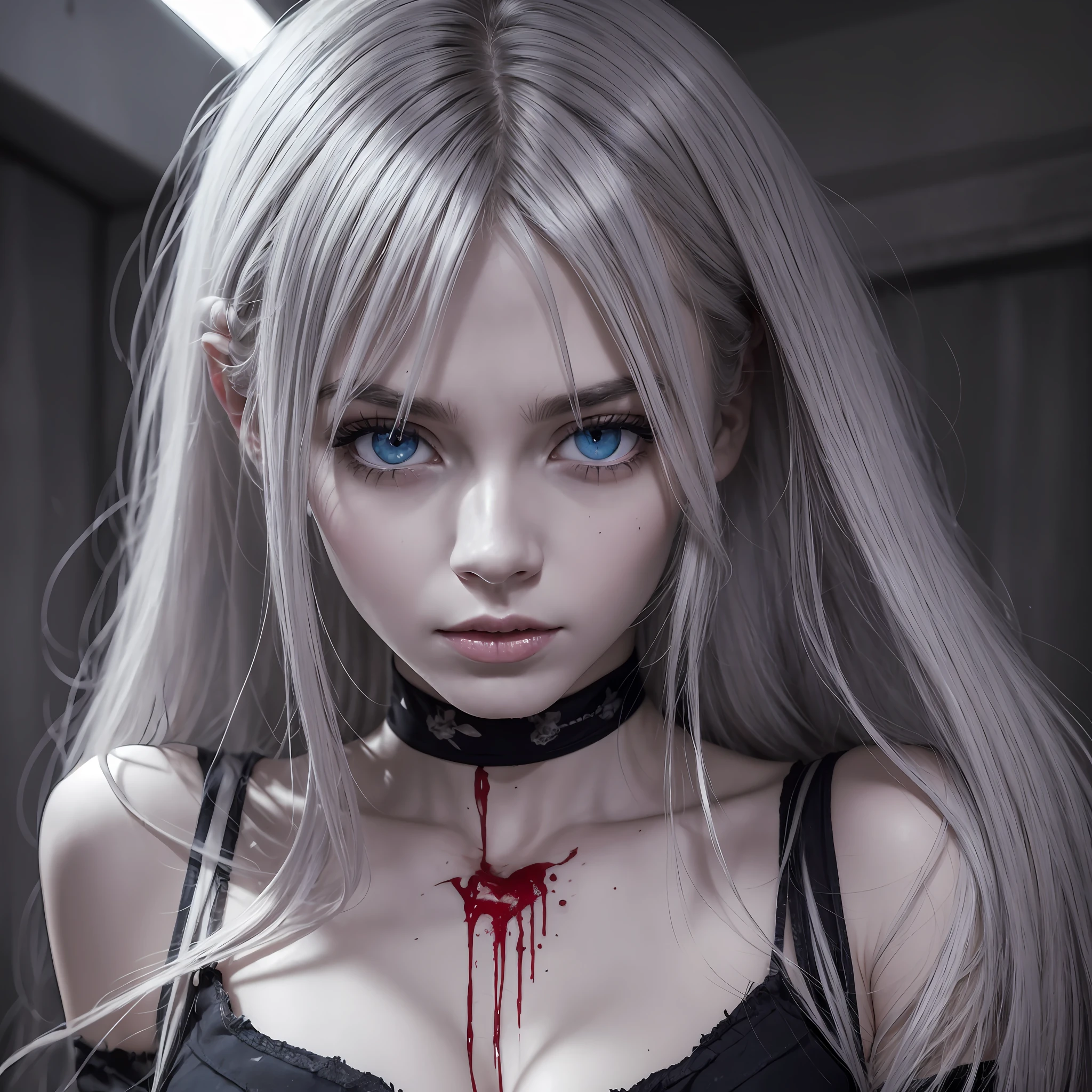 (top quality, best quality, masterpiece, 8k), (dark), (horror), (horrifying), (agony), (fear), (cold colors), (black and white), (vibrant, bright), (realistic photo), (real photo), (real woman, real), american woman with a torn clothes, dirty with blood, (long hair with a lot of white color volume, grayish blue eyes, perfect face, perfect eyes, extremely thin body, has no breasts),  in a dimly lit and cluttered basement. --auto --s2