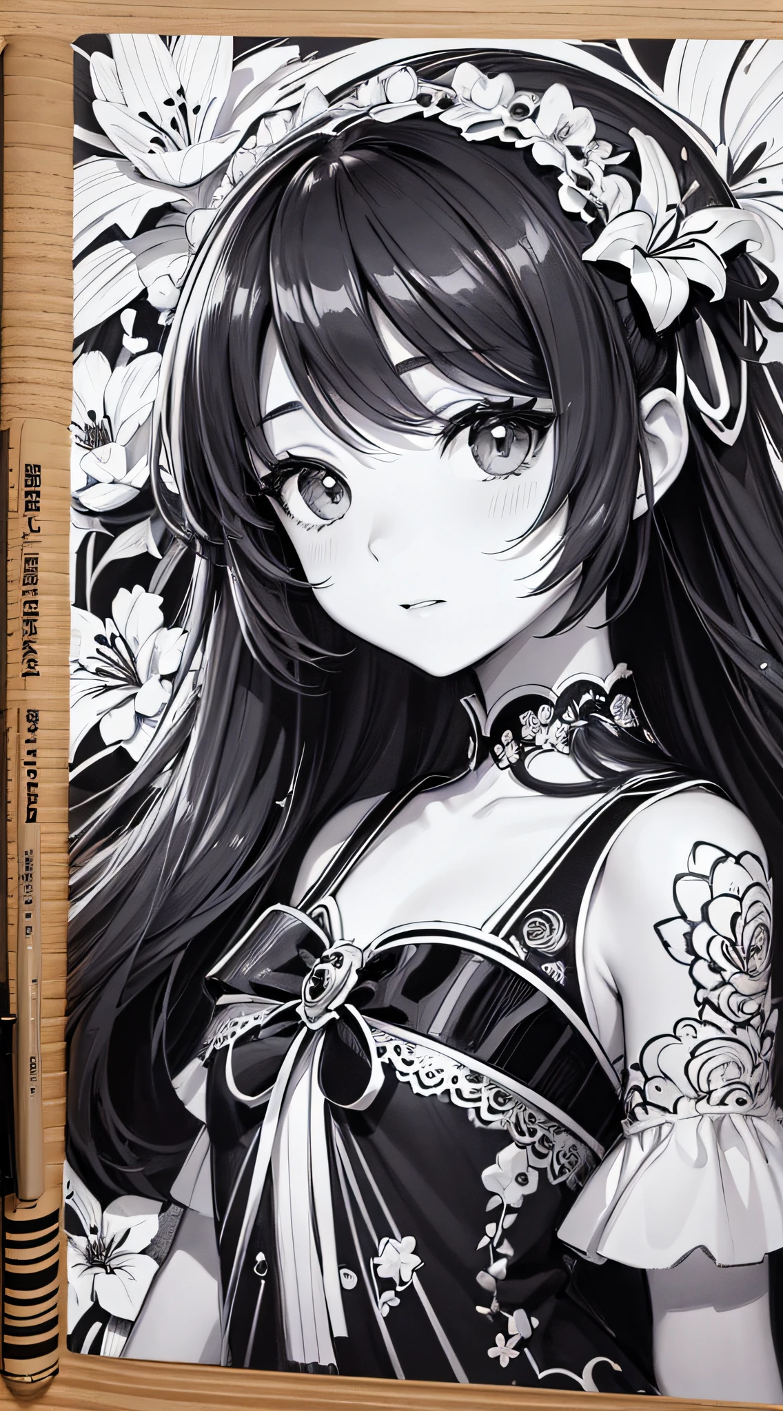 Black and white stick figure girl with lily background, loli in dress with flowers, its fine ink line art, manga style, portrait of magical Lolita girl, beautiful line art, black and white comic style, comic book style, manga art style, pencil and ink caricature drawing, black and white coloring --auto --s2