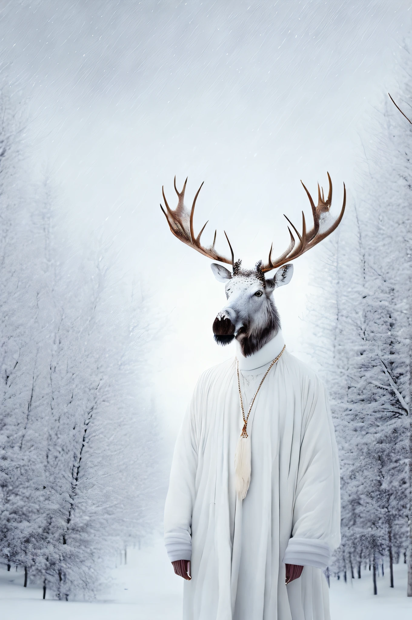 (Epic photography: 1.2), the scene is open, (white and snowing), ancient sacrificial pictures, smoke and snow, white on the ground, several moose in white clothes meditating, (detailed white clothing details, detailed clothing light), faintly appearing, detailed moose feather details, cumbersome and complex picture feeling, (full of weird and mysterious pictures), the background is cloudy white trunks, photos are realistic, 8k,