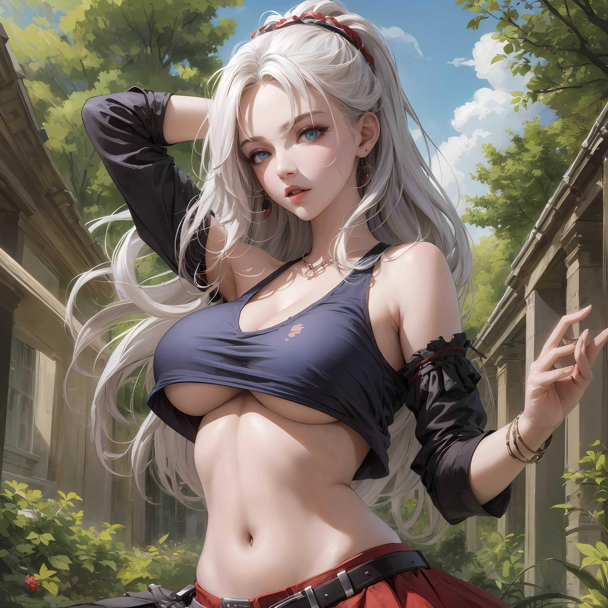 masterpiece, best quality, high_resolution, finely detailed, extremely detailed and beautiful, distinct_image, 1 girl, solo, underneath, hair with white locks in front and red in the rest of the hair, blue eyes, green band on the head, torn t-shirt, bare shoulders, bare abdomen, a spear in the left hand, detailed hand, (huge breasts), (underboob), outdoor, plants, trees, torn skirt --auto --s2