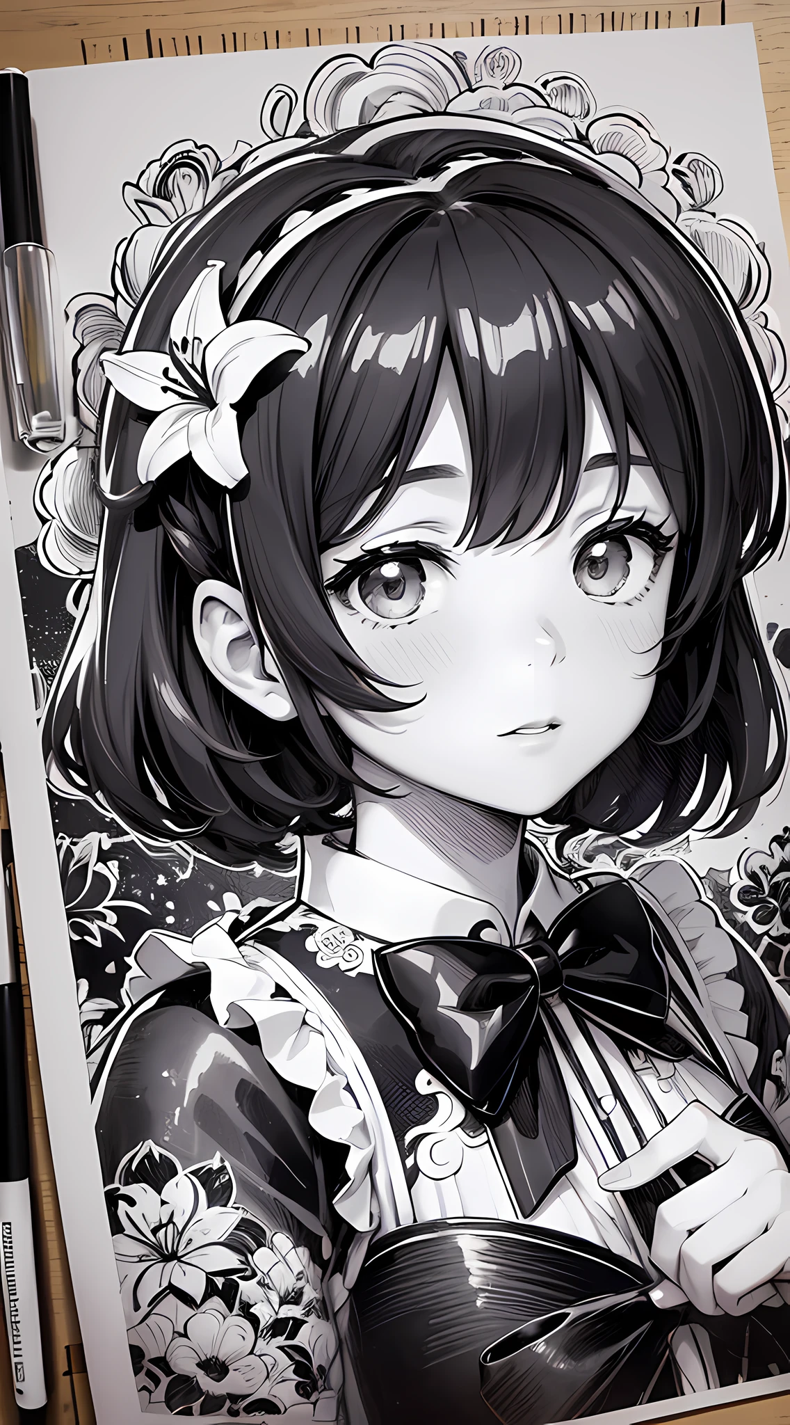 Black and white stick figure girl with lily background, in dress with flowers, its fine ink line art, manga style, portrait of magical Loliirl, beautiful line art, black and white comic style, comic book style, manga art style, pencil and ink caricature drawing, black and white coloring --auto --s2