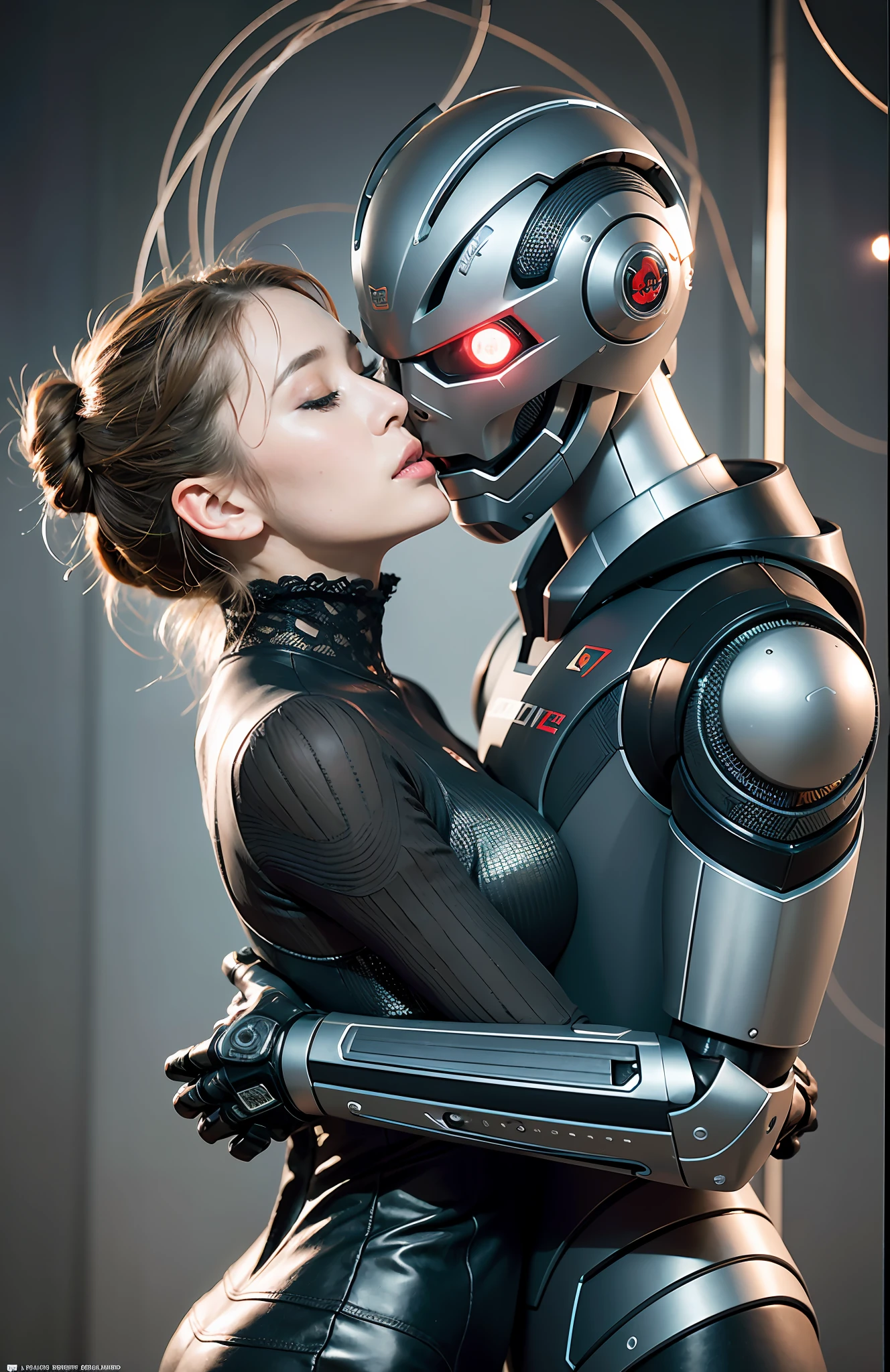 A burly male robot and a real realistic 25 year old woman passionately hugging and kissing, woman with eyes closed, complex 3d rendering very detailed beautiful ceramic silhouette female robot face, robot, robot parts, 150mm, beautiful studio soft light, edge light, vibrant details, luxurious cyberpunk, lace, surrealism, anatomy, facial muscles, cable wire, microchip, elegant, beautiful background, octane rendering, HR Giger style, 8k, best quality, masterpiece, illustration, very refined and beautiful, very detailed, CG, unified, wallpaper, (realism, fidelity: 1.37), amazing, fine detail, masterpiece, best quality, full body,