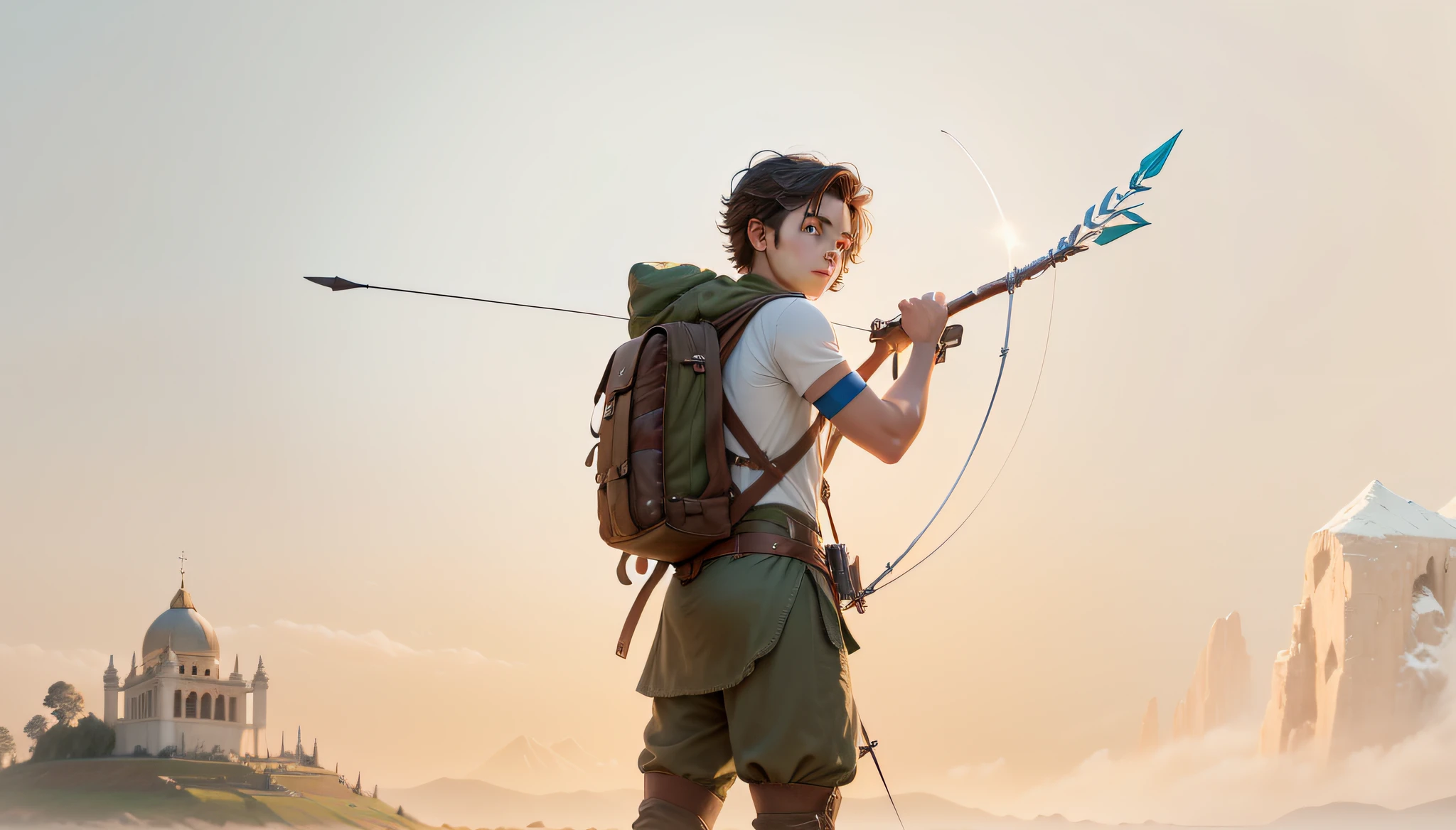 "A young adventurer without a chapel, with a backpack on his back that exudes courage and determination is holding a bow and arrow within the letter O. #Fotorealismo #MelhorQualidade #DetalhesUltrarrealistas #IluminaçãoRealista."