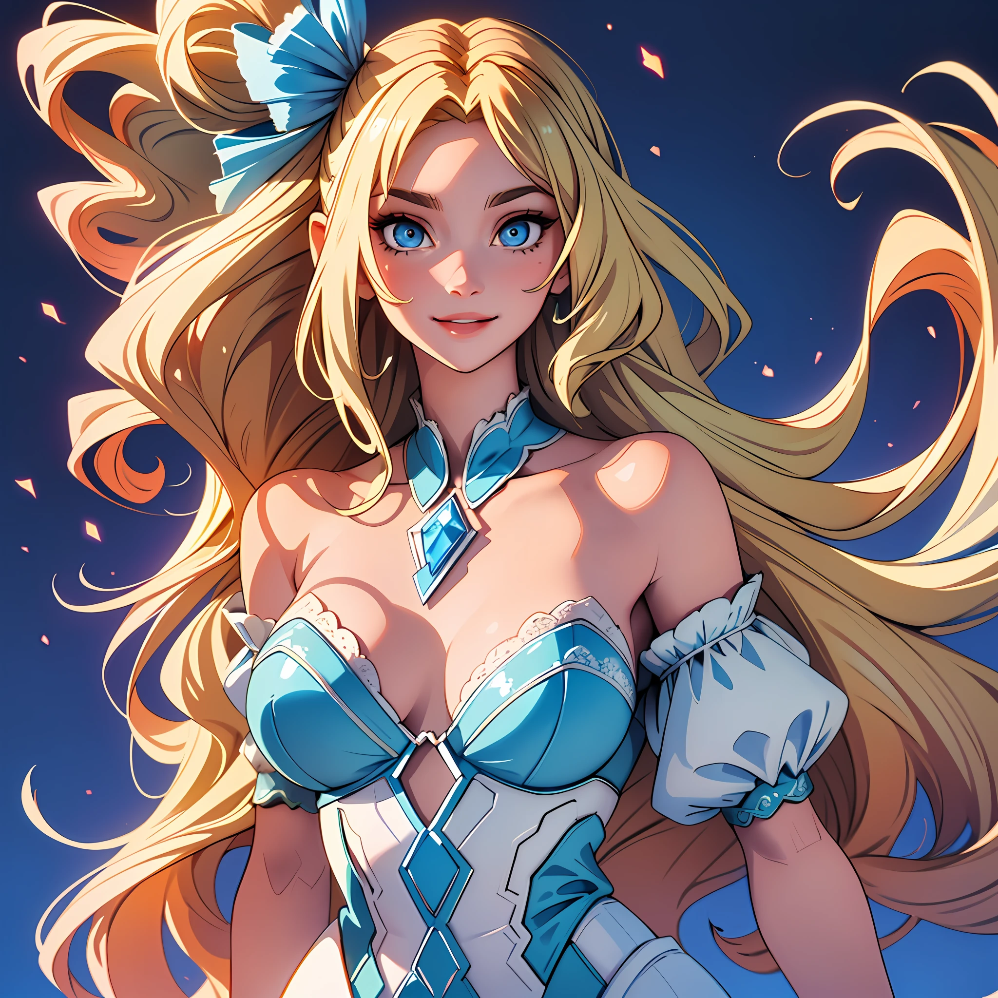 A woman of medium height, with a slender and elegant figure. She has long blonde hair, which falls in soft waves around her face. His eyes are a brilliant azure blue, which seem to shine like diamonds. His face has delicate features and a charming smile.
