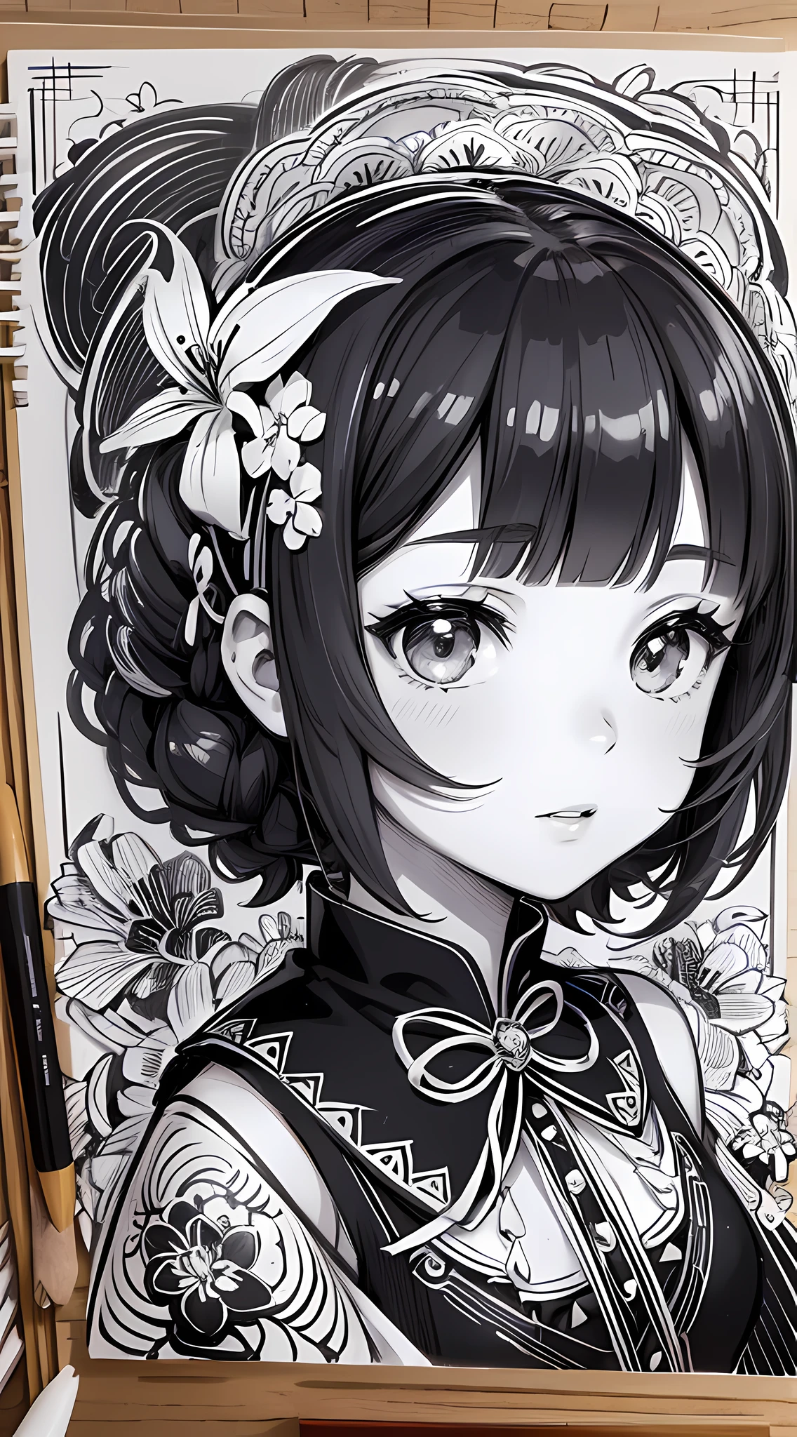 Black and white stick figure girl with lily background,  in dress with flowers, its fine ink line art, manga style, portrait of magical Loliirl, beautiful line art, black and white comic style, comic book style, manga art style, pencil and ink caricature drawing, black and white coloring --auto --s2