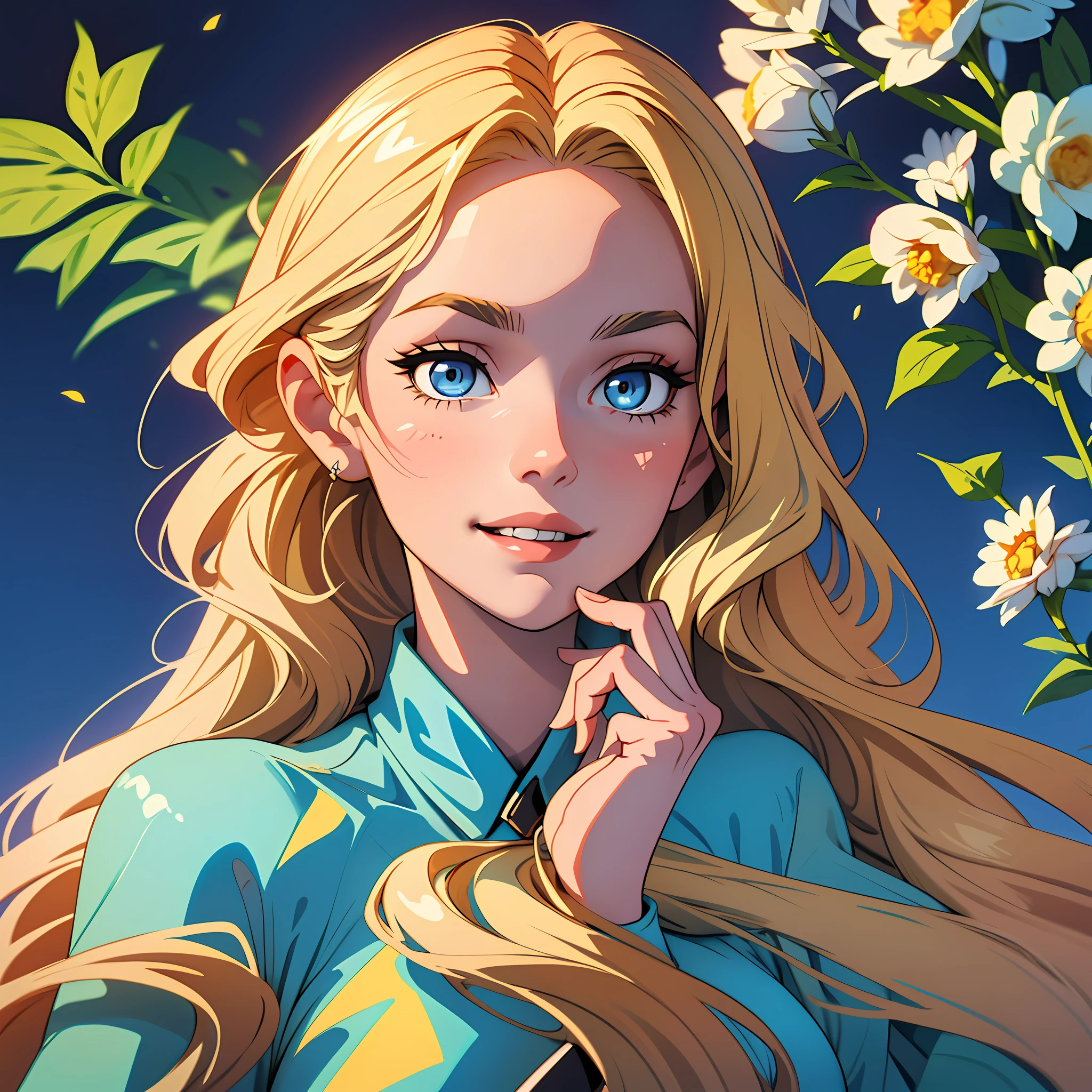 A woman of medium height, with a slender and elegant figure. She has long blonde hair, which falls in soft waves around her face. His eyes are a brilliant azure blue, which seem to shine like diamonds. His face has delicate features and a charming smile.