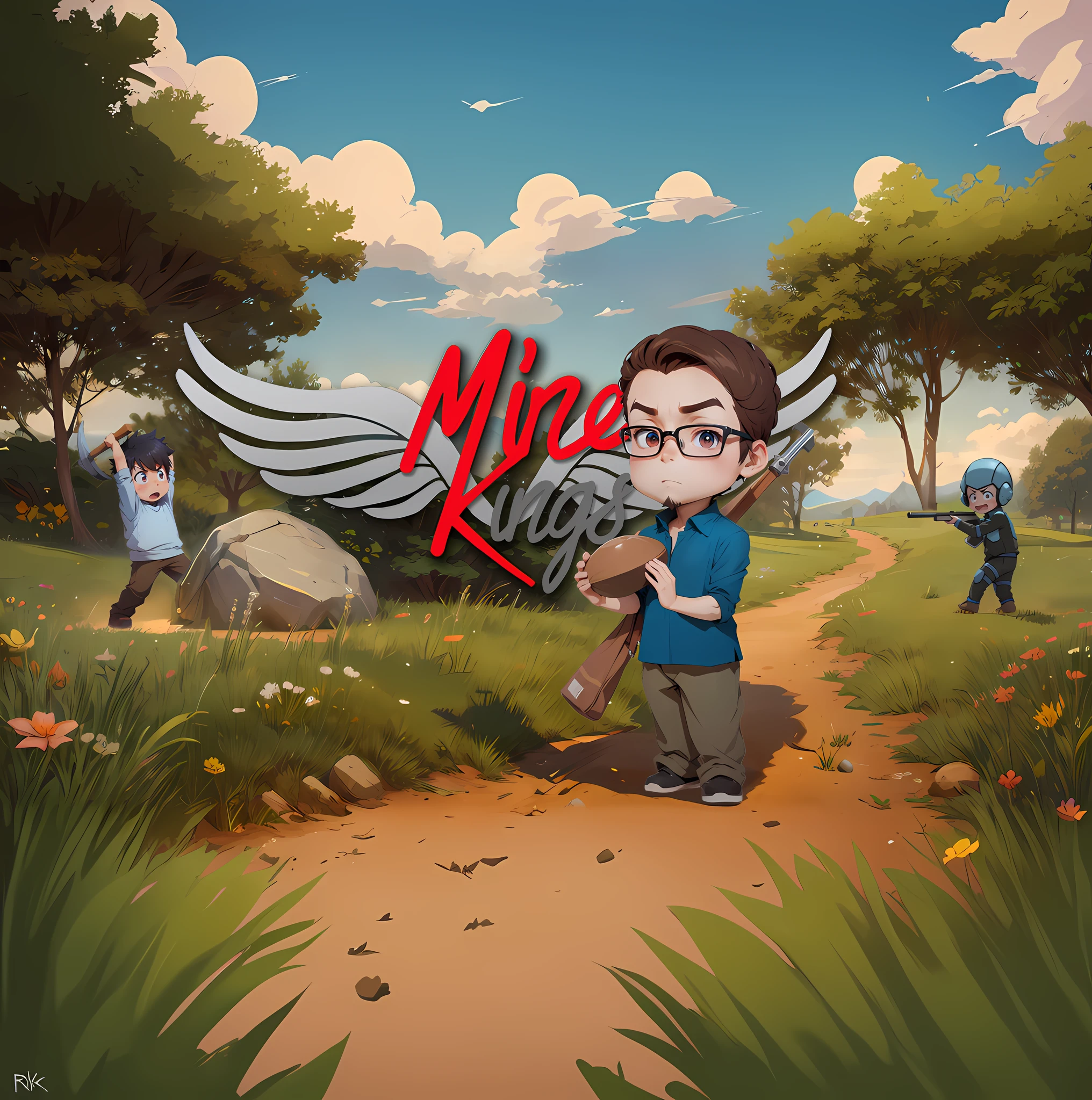 cartoon of a boy with a gun and a girl with a backpack in a field, official artwork, mines, official fanart, official art, key art, mobile game art, box art, by Mirko Rački, promo art, mk ninja, mining, mikko, mike kime, stylized game art, official illustration