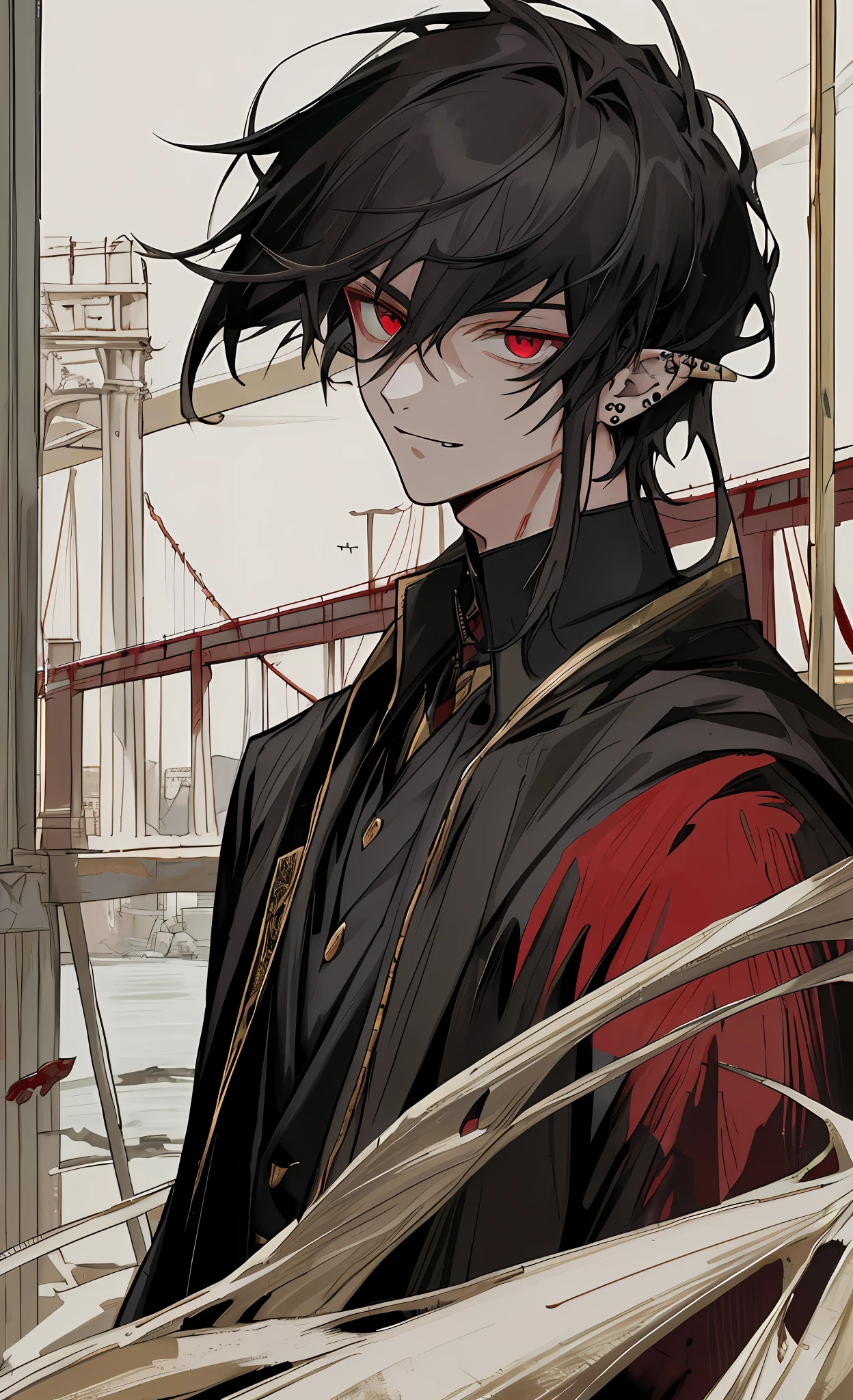 (((8k, RAW photo, best quality, Masterpiece: 1.4))), super high resolution, super detailed, illustration, close-up, handsome man, red eyes, (detailed eyes, bright eyes:1.2), medium length black hair, elf, pale skin, ear piercings, dark, black clothes, detailed clothes, gold accessories on clothes, sly smile, sharp fangs, predatory look, (perfect anatomy:1.2), bridge in the background, only environment, broken laboratory, starry sky, architecture, future, imagination, outdoor, high quality shadows, natural lighting, (white highlights:1.2), night, dark sky, (blood on clothes:1.2)