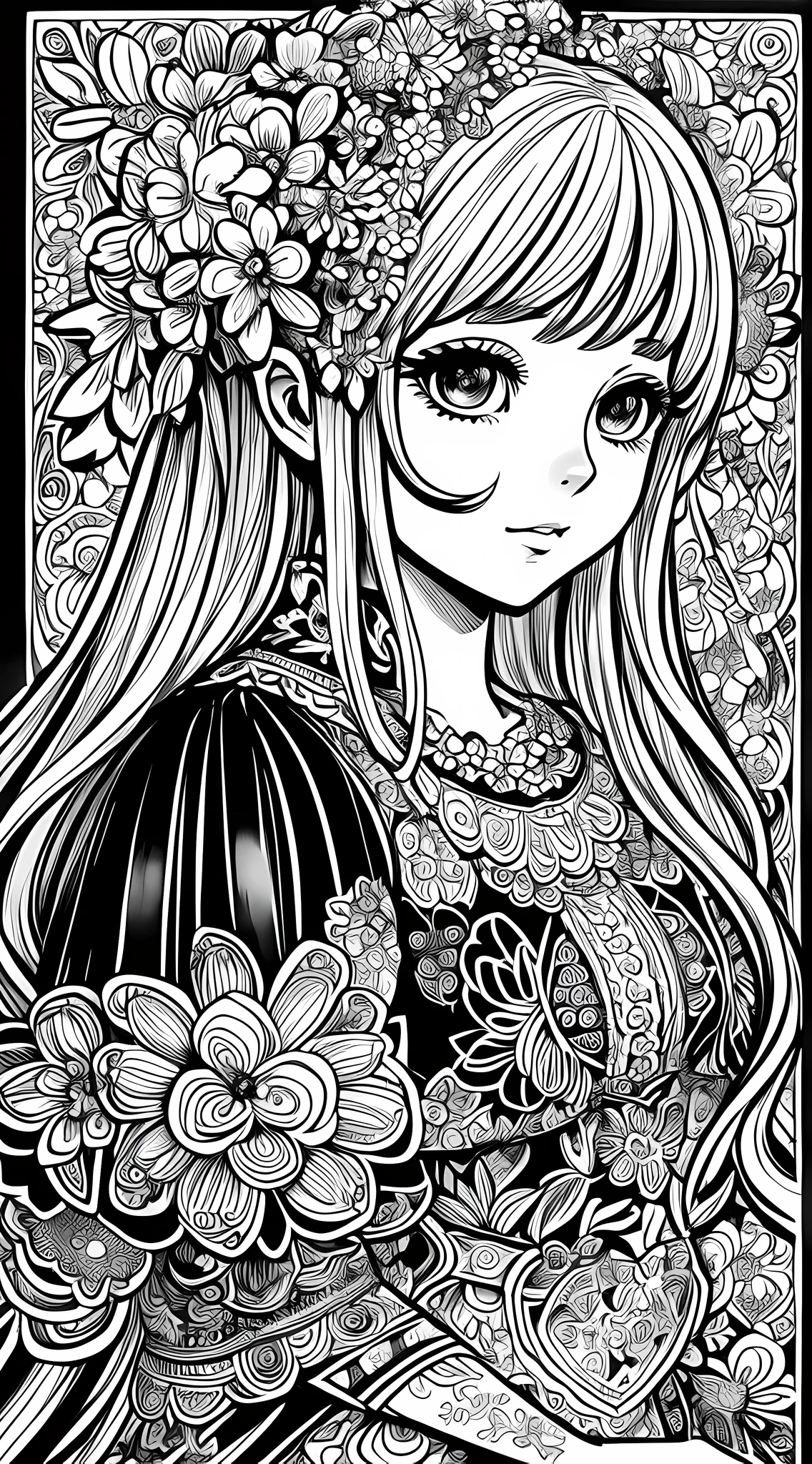 A doll wearing a dress surrounded by flowers and flowers, girl in flowers, extremely fine ink line art, detailed manga style, line art coloring page, black and white coloring, manga style, coloring page, girl made of flowers, complex caricature drawing, exquisite line art, detailed line art, ink caricature drawing, manga illustration, covered with flowers --auto --s2