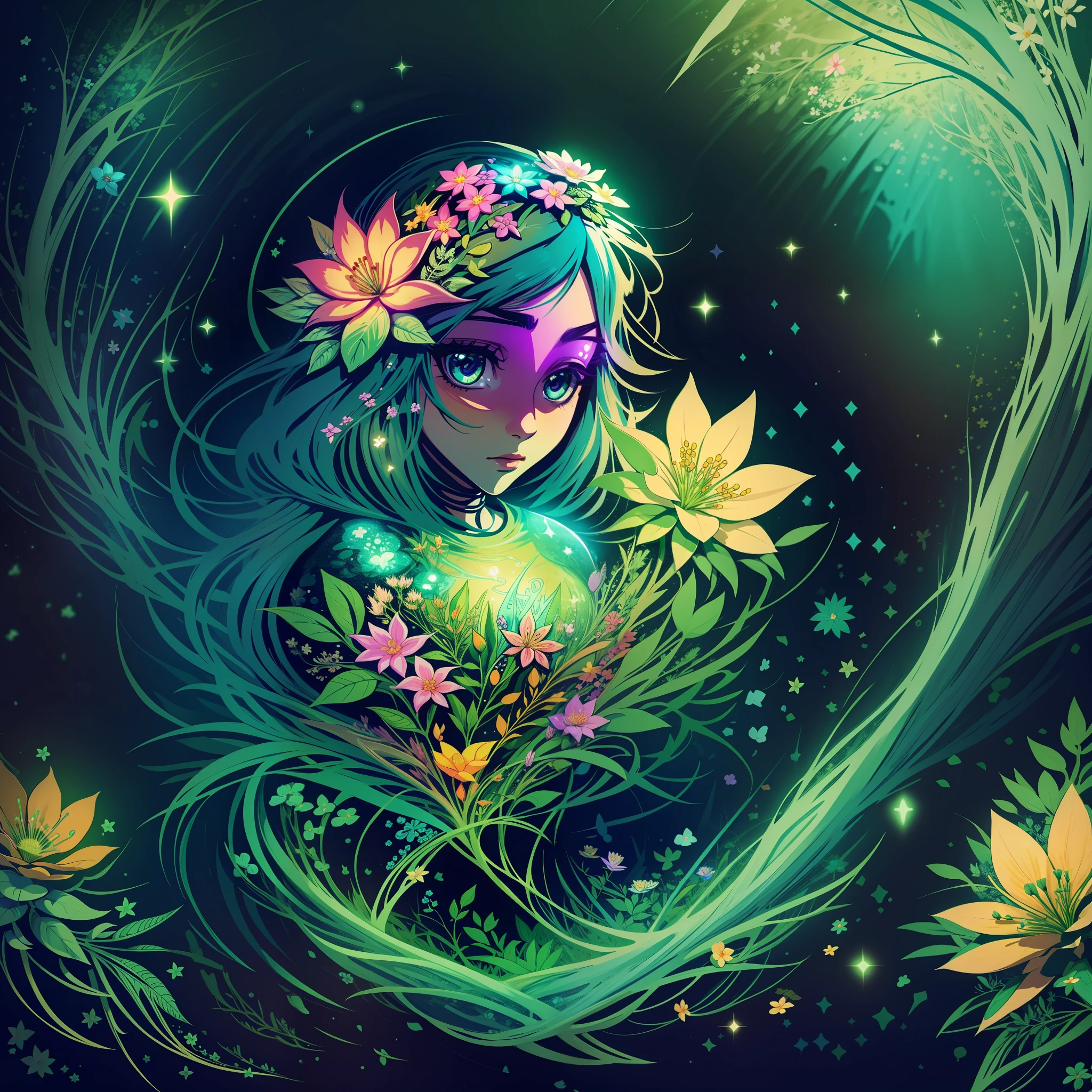 A sticker depicting a girl surrounded by magical plants and glow-in-the-dark flowers, creating a mystical and magical atmosphere.