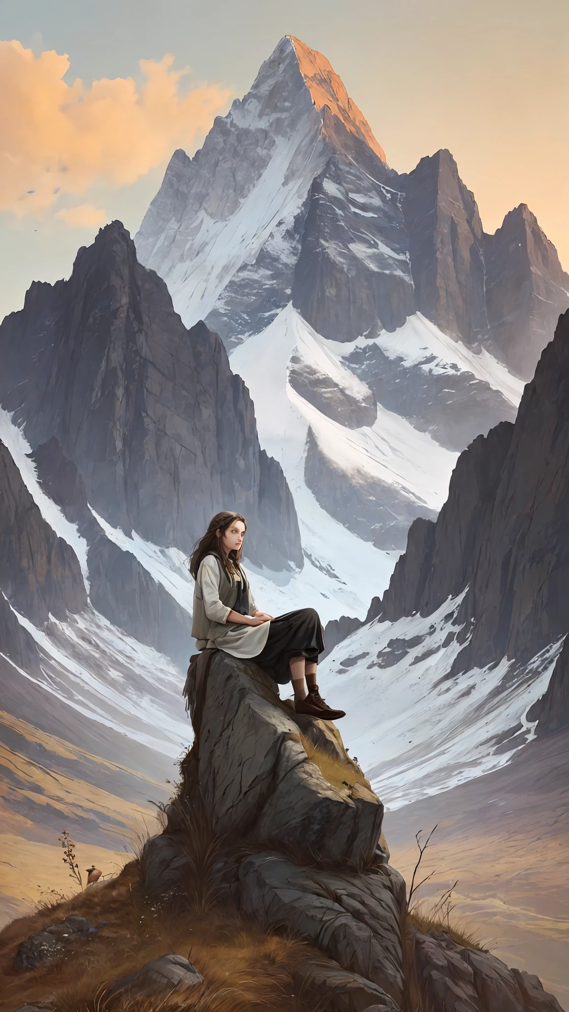 araffe sitting on a rock in a field with a mountain in the background, sitting cutely on a mountain, sitting on a rock, on a rock, in the mountains, with mountains in the background, sitting on rocks, on the top of a hill, hills in the background, feeling the nature, flowy hair standing on a rock, in mountains
