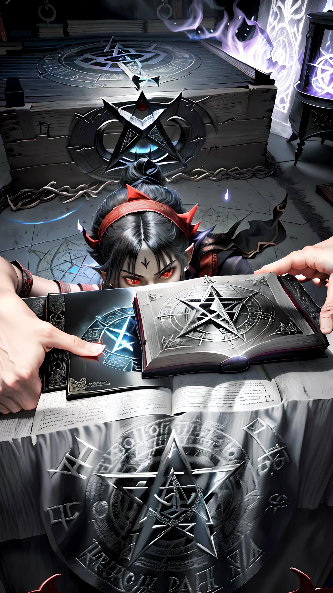 arafed woman with a red bandana peeking out from behind a book, reading an evil demonic book, scary horrifying satanic rituals, casting an evil spell, casting evil spell, holding a pentagram shield, holding spell book, insanity girl summon her death, demonic magic ritual, conjuring a demon, satanism, summoning a demon, doing witchcraft, pentagram