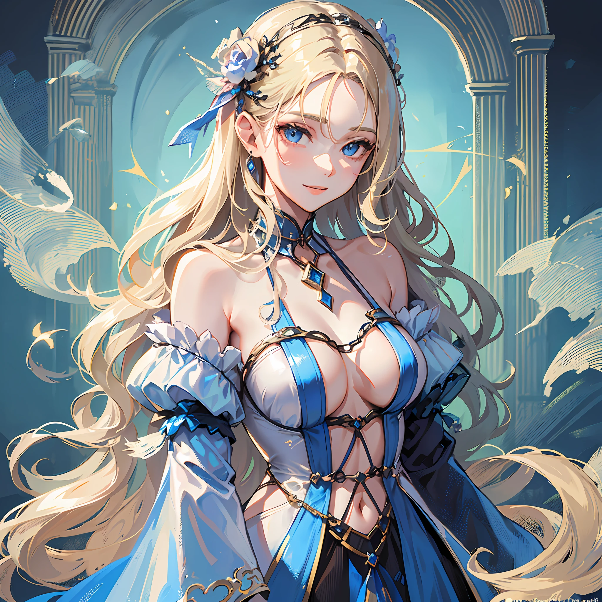 A woman of medium height, with a slender and elegant figure. She has long blonde hair, which falls in soft waves around her face. His eyes are a brilliant azure blue, which seem to shine like diamonds. His face has delicate features and a charming smile.