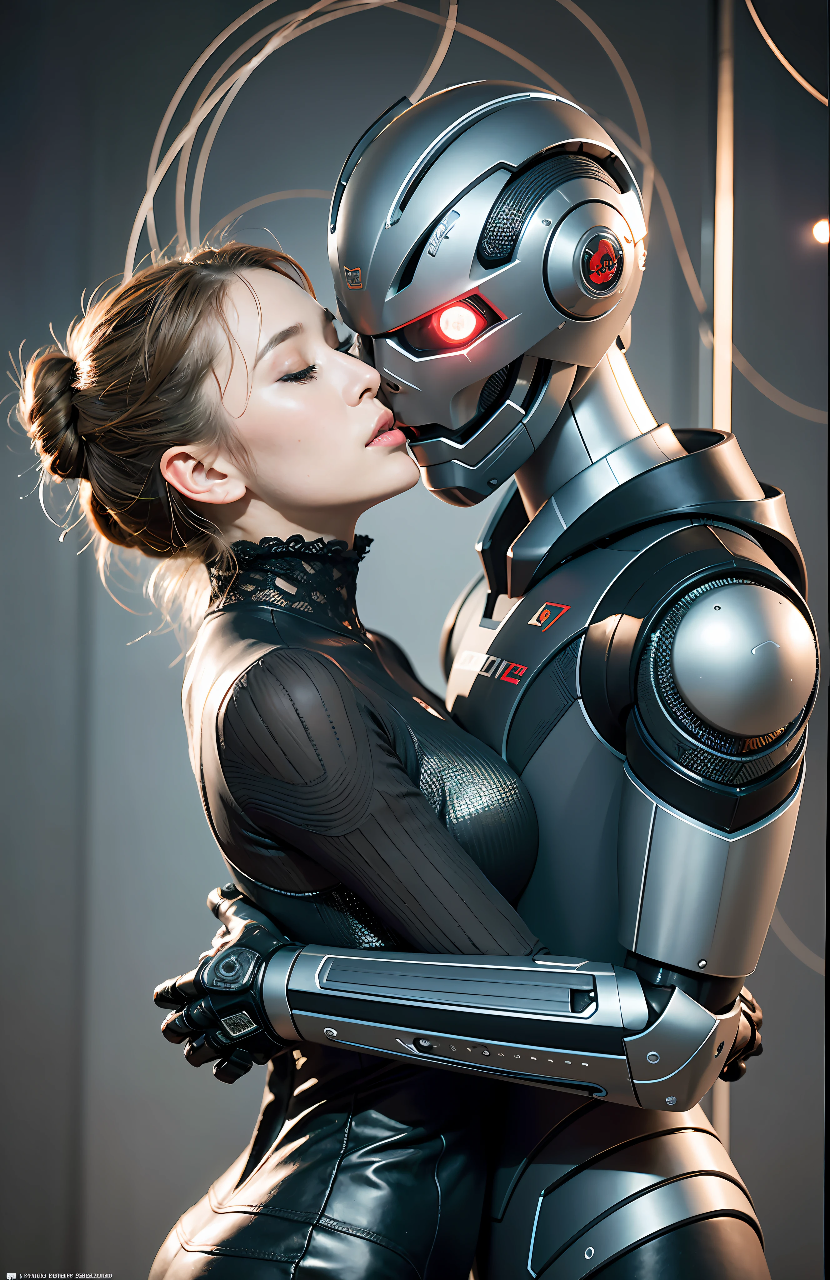 A burly male robot and a real realistic 25 year old woman passionately hugging and kissing, woman with eyes closed, complex 3d rendering very detailed beautiful ceramic silhouette female robot face, robot, robot parts, 150mm, beautiful studio soft light, edge light, vibrant details, luxurious cyberpunk, lace, surrealism, anatomy, facial muscles, cable wire, microchip, elegant, beautiful background, octane rendering, HR Giger style, 8k, best quality, masterpiece, illustration, very refined and beautiful, very detailed, CG, unified, wallpaper, (realism, fidelity: 1.37), amazing, fine detail, masterpiece, best quality, full body,