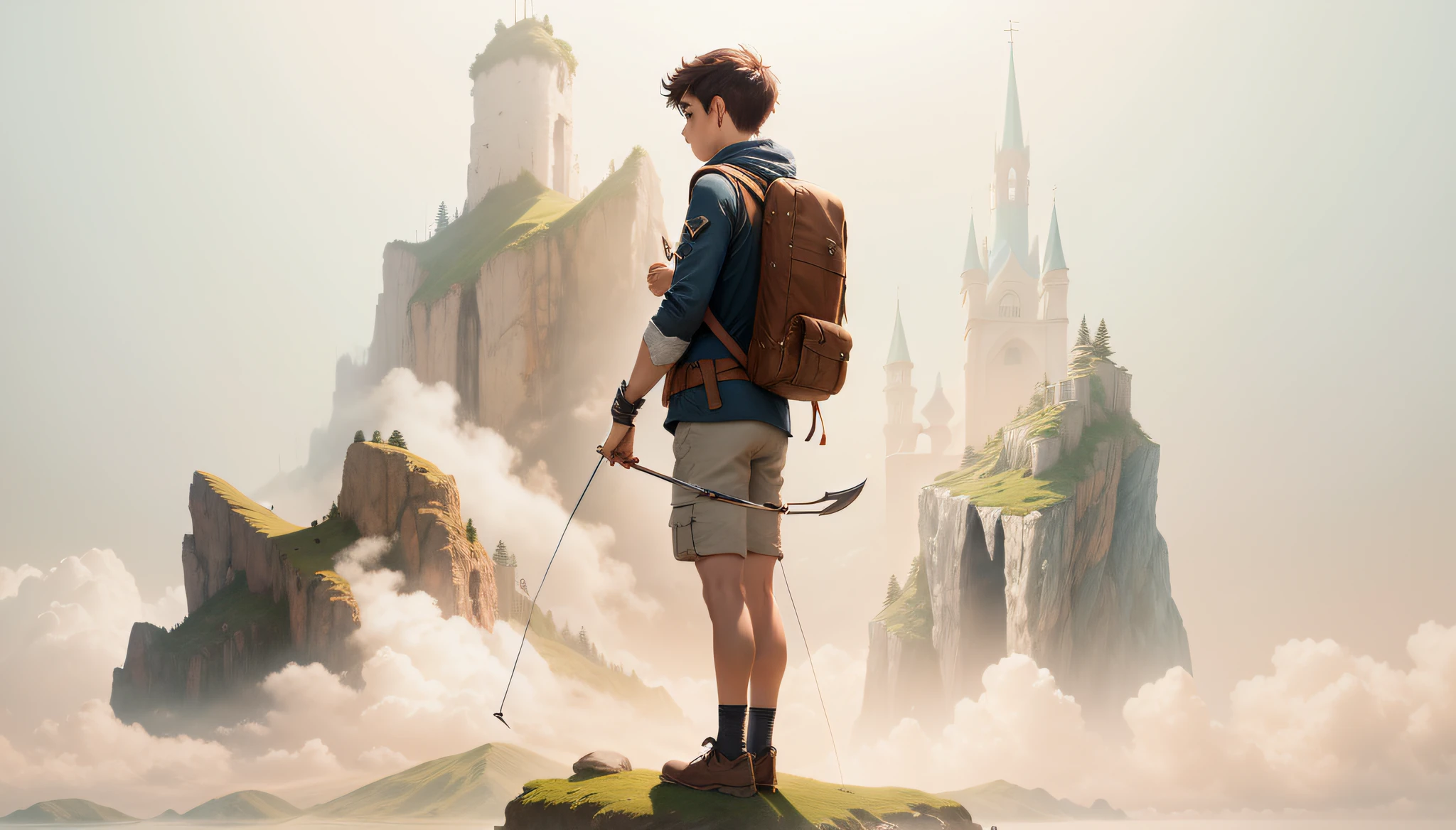 MINIMALIST A young adventurer without a chapel, with a backpack on his back who exudes courage and determination is holding a bow and arrow within the letter O. #Fotorealismo #MelhorQualidade #DetalhesUltrarrealistas #IluminaçãoRealista."