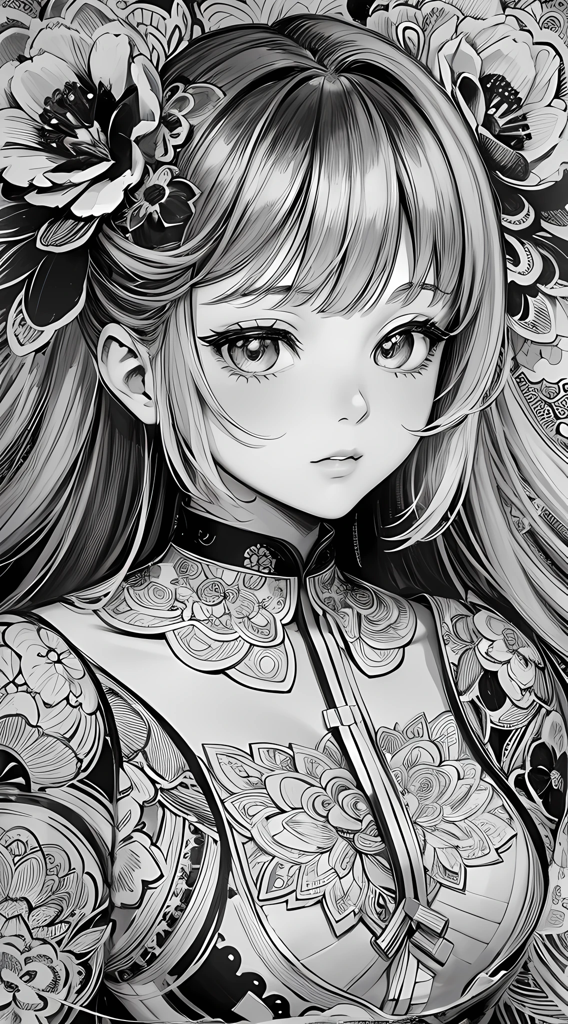 A doll wearing a dress surrounded by flowers and flowers, girl in flowers, extremely fine ink line art, detailed manga style, line art coloring page, black and white coloring, manga style, coloring page, girl made of flowers, complex caricature drawing, exquisite line art, detailed line art, ink caricature drawing, manga illustration, covered with flowers --auto --s2