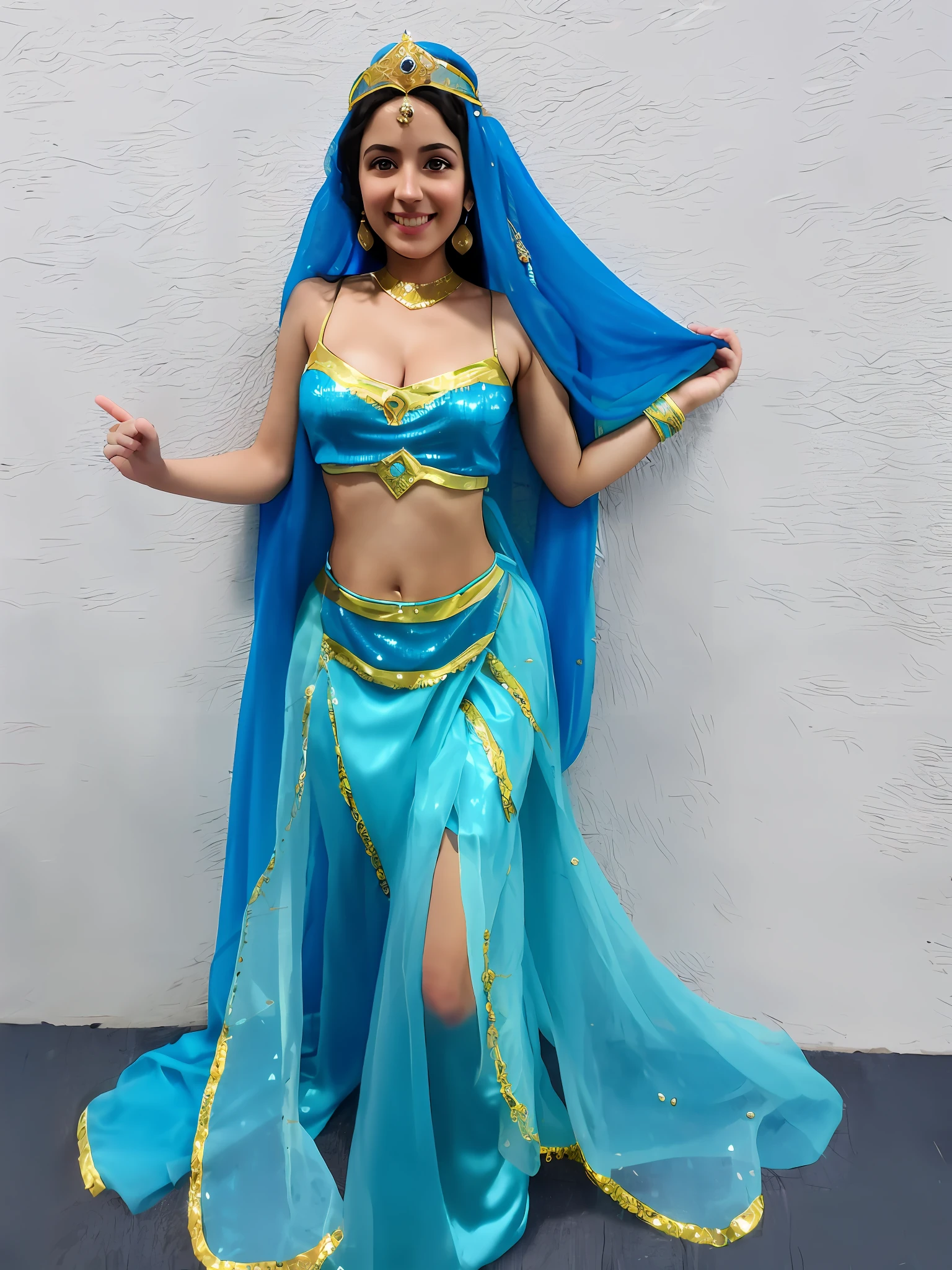 arafed girl in a blue costume standing against a wall, princess jasmine, arabian princess, beautiful genie girl, arab princess, beautiful costume, high quality costume, costume with blue accents, persian princess, high quality theatre costume, egyptian princess, authentic costume, she is dressed as a belly dancer, celebration costume, arabian, princes jasmin, in costume