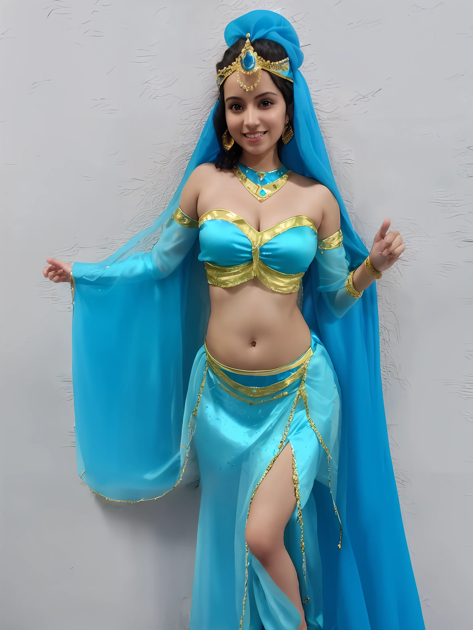 arafed girl in a blue costume standing against a wall, princess jasmine, arabian princess, beautiful genie girl, arab princess, beautiful costume, high quality costume, costume with blue accents, persian princess, high quality theatre costume, egyptian princess, authentic costume, she is dressed as a belly dancer, celebration costume, arabian, princes jasmin, in costume