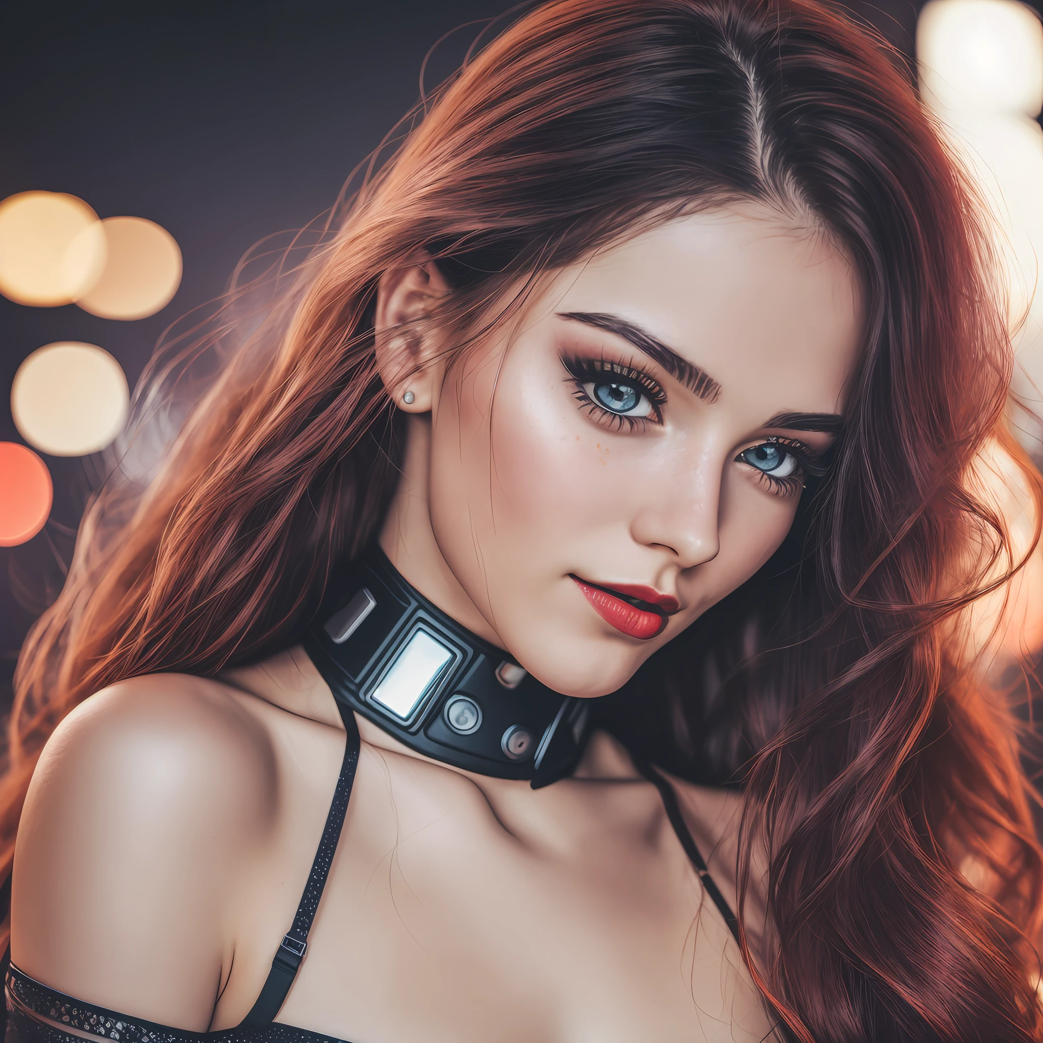 full-face portrait photo of a 25-year-old Russian girl, RAW, beautiful woman, half-open strawberry lips, dark red lips with sparkle, dimples, wistful look, (extra long wavy black hair and red hair near the eyes), ((detailed face)), ((detailed facial features)), (finely detailed skin), pale skin, (deep neckline detailed high-tech cyberpunk calsinha), bunbum, sky night environment with stars, (cool colors), damp, reflections, (masterpiece) (perfect aspect ratio)(realistic photo)(best quality) (detailed) shot on a Canon EOS R5, 50mm lens, F/2.8, HDR, (8k) (wallpaper) (cinematic lighting) (dramatic lighting) (sharp focus) (intricate), RAW photo, RAW photo, gigachad photo, posing for camera, 8k uhd, dslr, high quality, film grain, Fujifilm XT3
