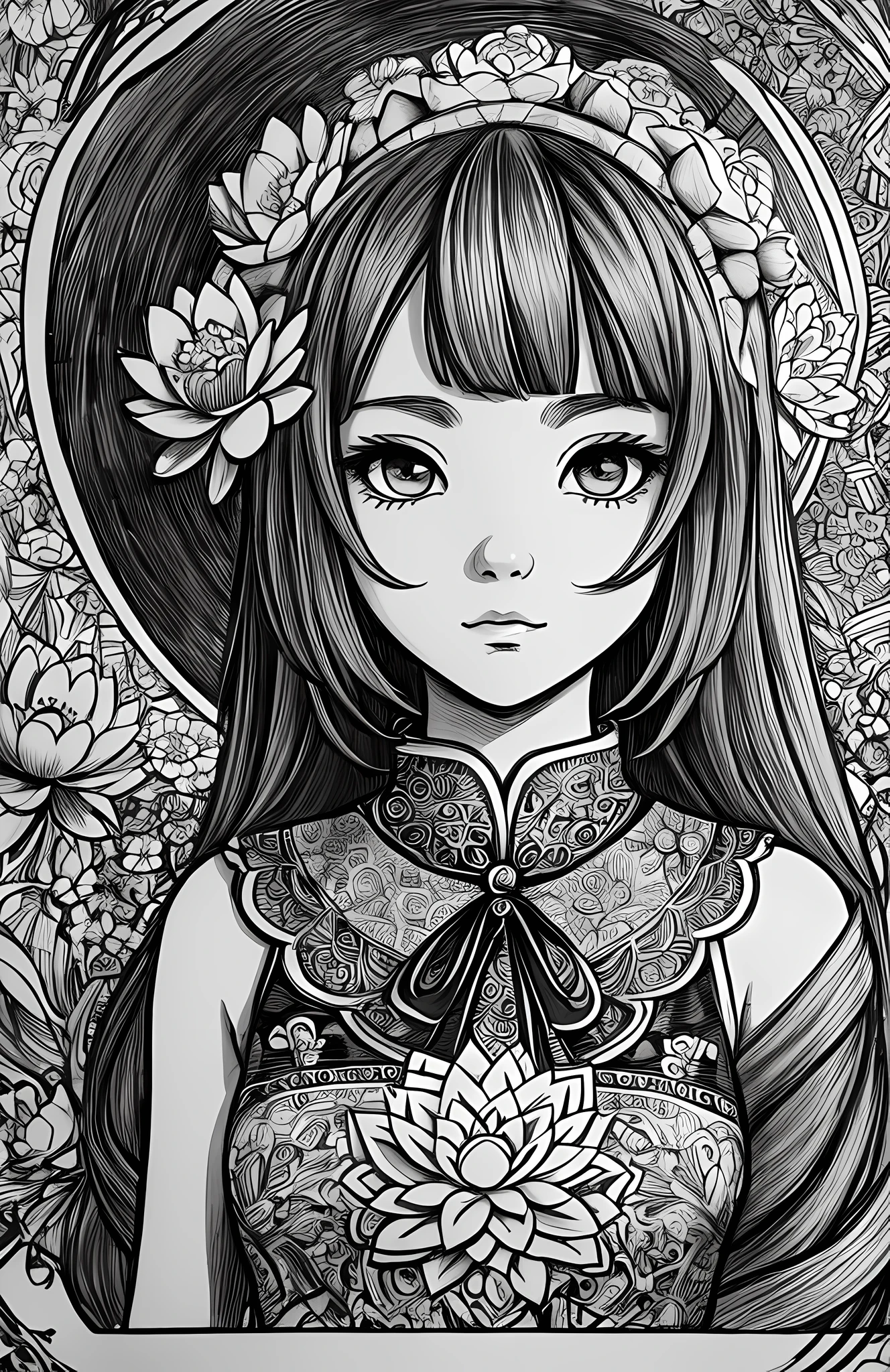 Black and white stick figure girl with lotus flower in background, loli in dress with flowers, its fine ink line art, comic style, portrait of magical Lolita girl, beautiful line art, black and white comic style, manga style, manga art style, pencil and ink caricature drawing, black and white coloring --auto --s2