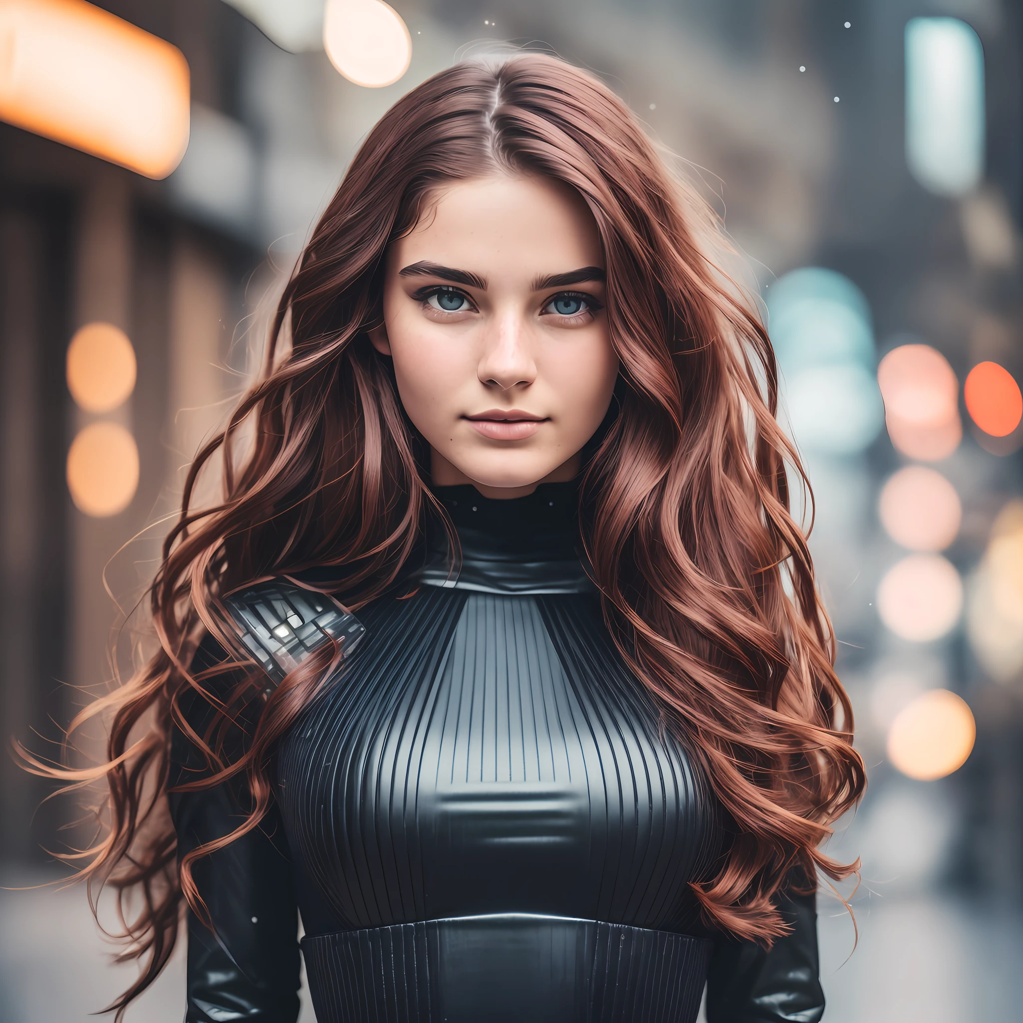Full face portrait photo of a 20-year-old European girl, RAW, beautiful woman, half-open strawberry lips in dark red color with brightness, dimples, wistful look, (extra long wavy dark brown hair and red hair near the eyes), ((detailed face)), ((detailed facial features)), (finely detailed skin), pale skin, (deep neckline detailed high-tech cyberpunk dress),  night environment with stars, (cool colors), damp, damp, reflections, (masterpiece) (perfect aspect ratio)(realistic photo)(best quality) (detailed) shot on a Canon EOS R5, 50mm lens, F/2.8, HDR, (8k) (wallpaper) (cinematic lighting) (dramatic lighting) (sharp focus) (intricate), RAW photo, RAW photo, gigachad photo, posing for camera, black jeans, arms behind,  8k uhd, dslr, high quality, grain film, Fujifilm XT3