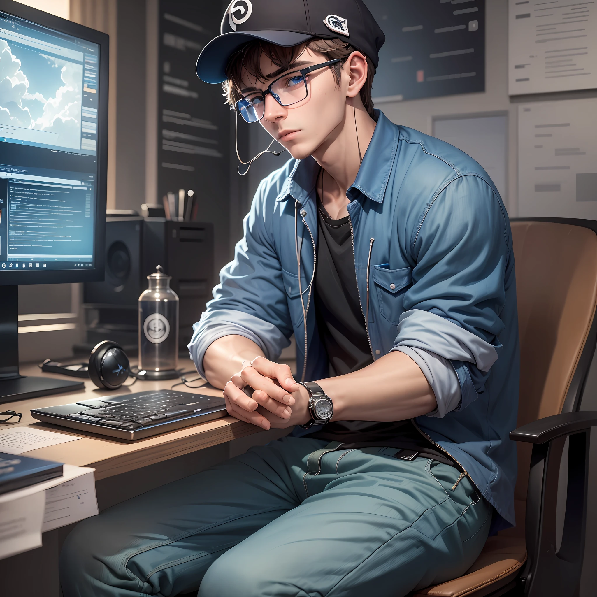 This image depicts a fair-skinned young man, wearing blue glasses and a black cap, sitting next to a computer. His serious and concentrated expression indicates that he is immersed in his studies, while the clouds symbolize the abundance of thoughts in his mind. --auto --s2