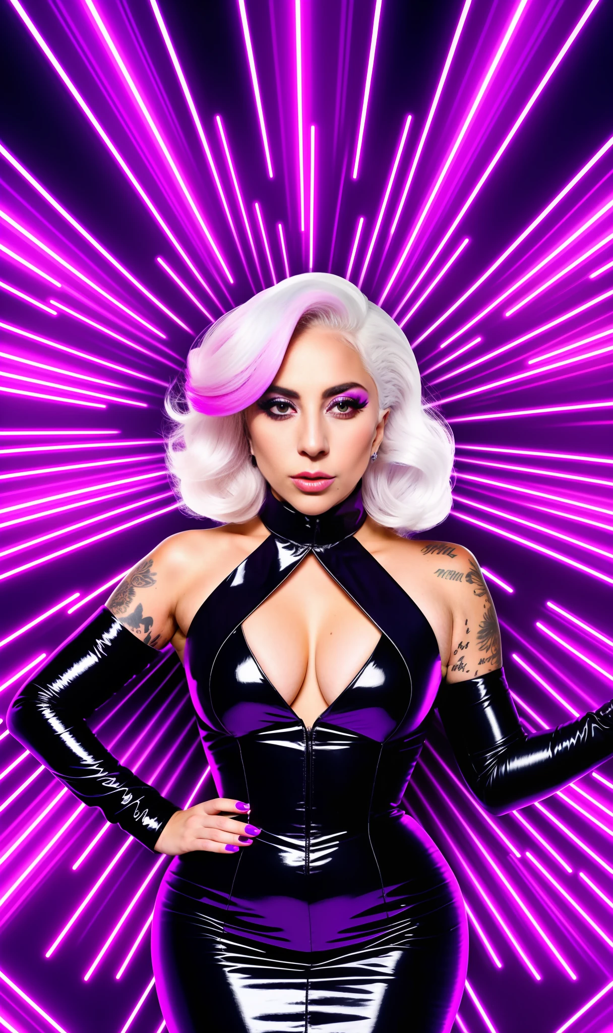 Lady Gaga Photo, 4K texture, light violet dress with black,neon,flamboyant white hair, 8k image, haute couture, flashes, high image quality,neon dress, realistic face, various body poses, full body, 8k image, sharp image,HD, very well defined face