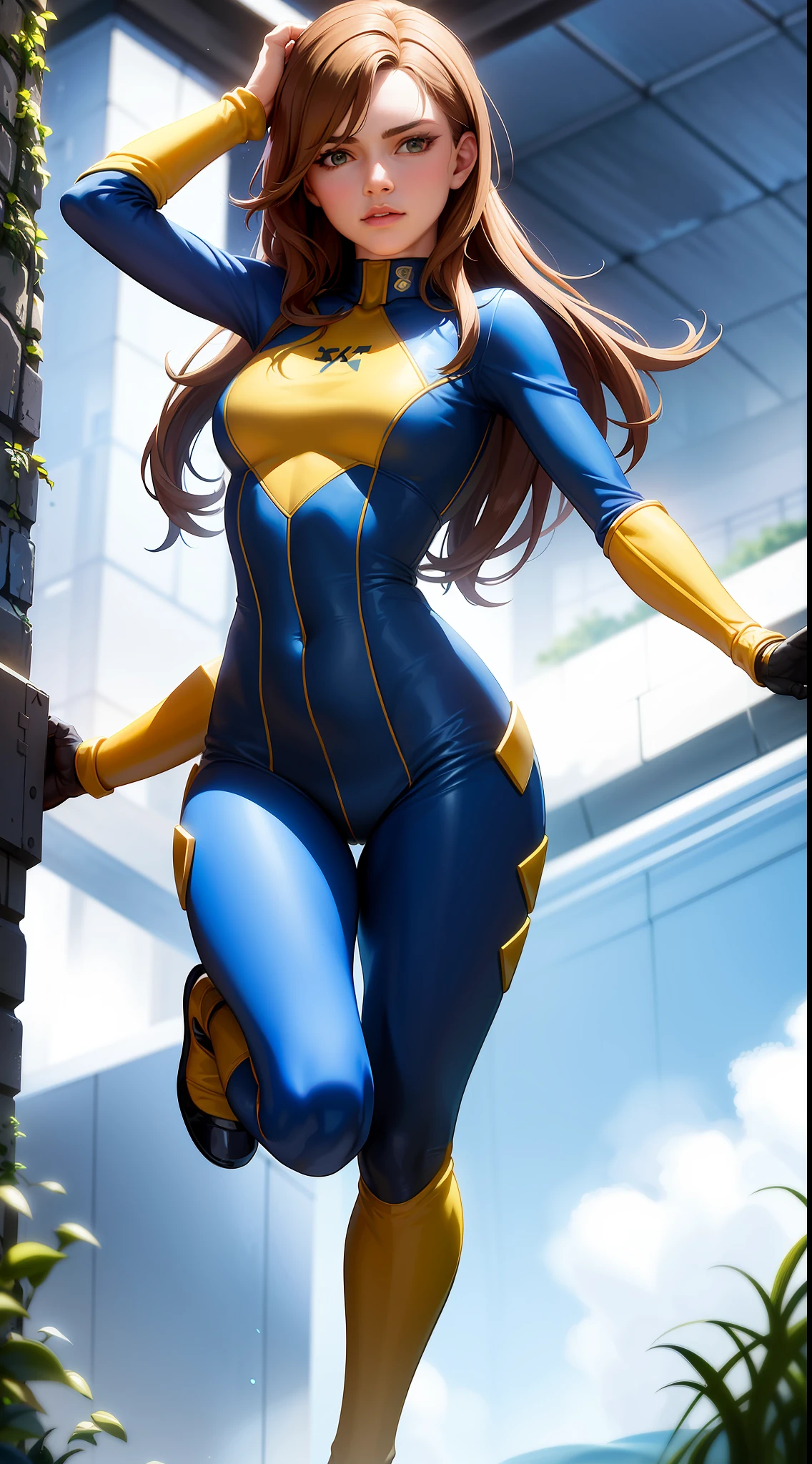 (8k, 4k, best quality, highres, ultra high res:1.1), (masterpiece, realistic, photo-realistic:1.1), 1girl, Poppy Drayton as Kitty Pryde (of the x-men)), wearing the yellow and blue onepiece superhero costume, crossing a wall in the sewers