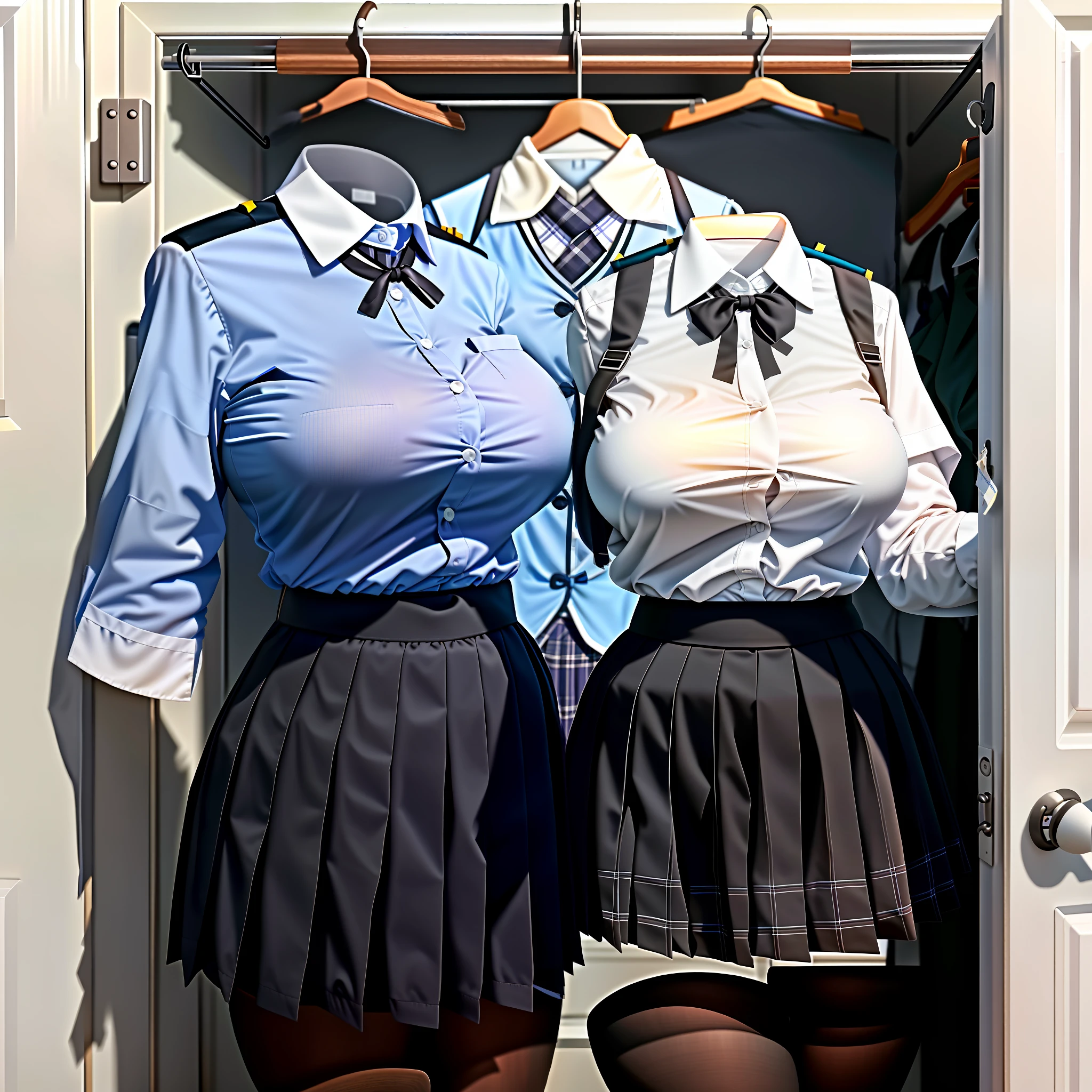 nsfw, 8K raw photo, Best quality, masterpiece, ultra high res, (photorealistic:1.4), Girls' school uniforms on hangers in the closet raise their sleeves on their own as if worn by invisible girls, Hanger bustyol uniforms on hangers swell into girls' shape as if worn by invisible busty girlhool uniforms has big breasts and1 school uniformt humans, headless, faceless, no hands, black tights, plaid skirt, white shirt, Empty school uniforms pose with buttocks facing you, Hanger schools bending forward in the closet as if worn by invisible girls, Empty school uniforms pose with buttocks facing you, jk ribbon on the neckith buttocks facing you
