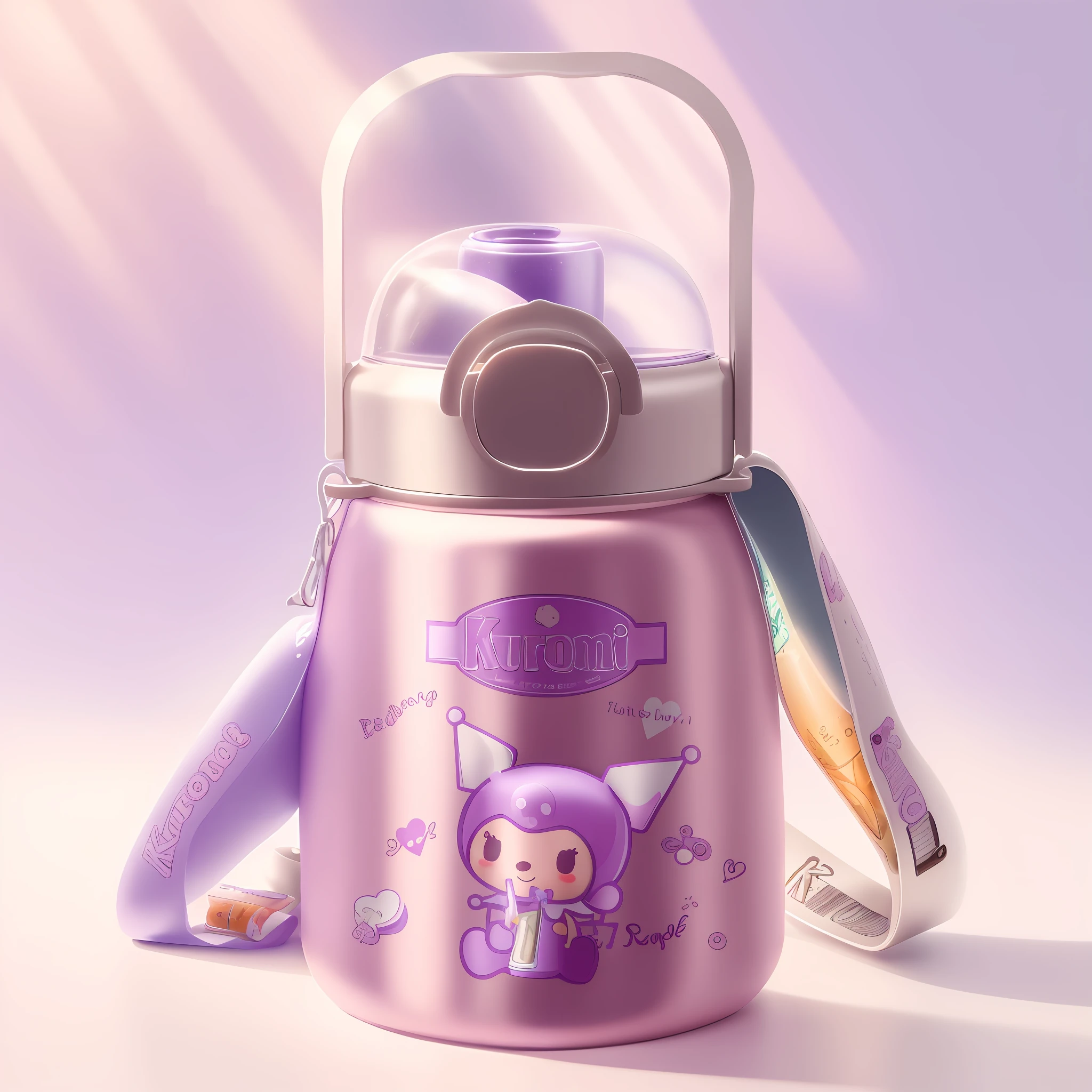 A cute cartoon thermos, indoor desktop scene, retain the original appearance of the bottle, generate a beautiful product scene picture, create a realistic scene with a colorful cartoon atmosphere, lavender purple background, interior, window light, positive viewing angle, blender, product rendering, HD 8K, cute, cartoon