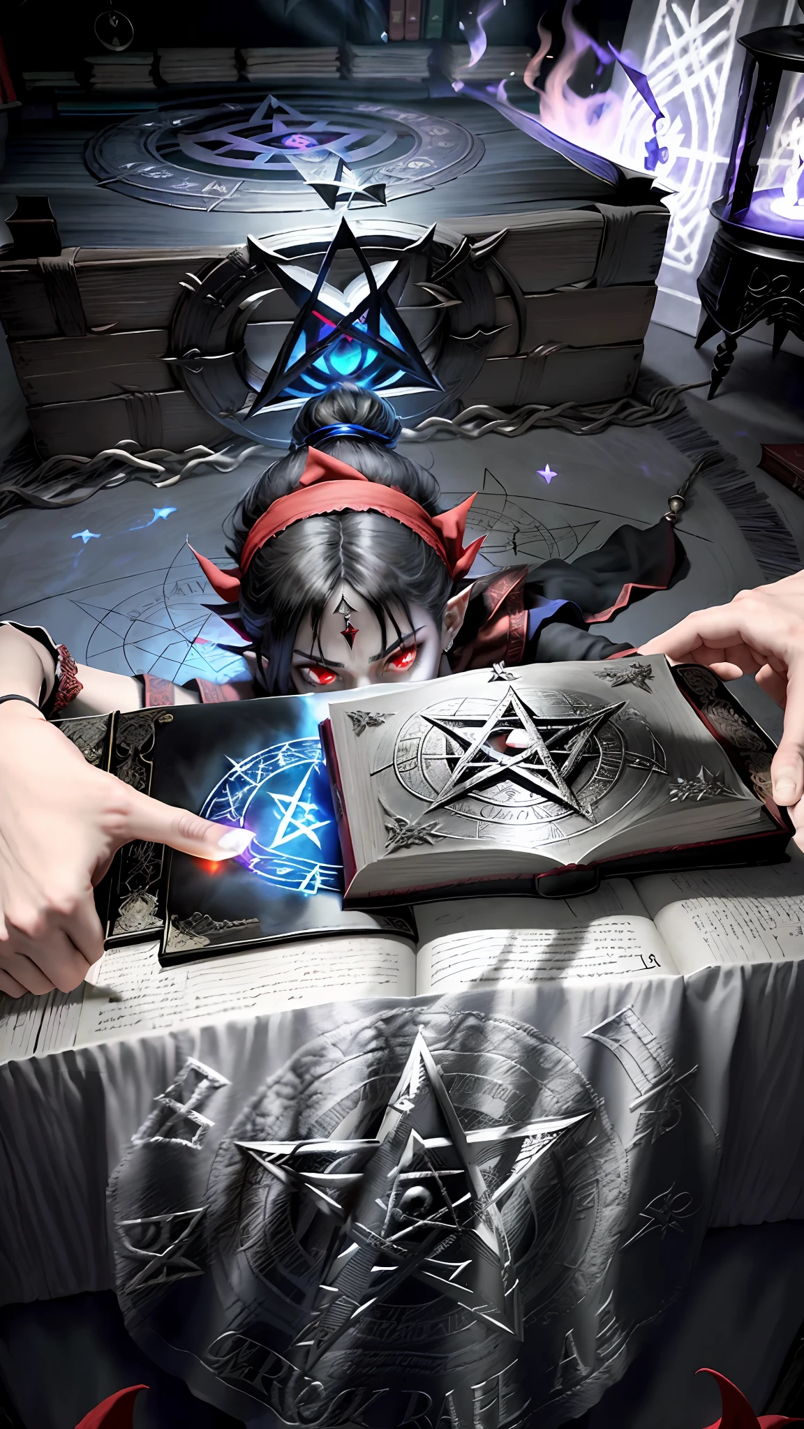 arafed woman with a red bandana peeking out from behind a book, reading an evil demonic book, scary horrifying satanic rituals, casting an evil spell, casting evil spell, holding a pentagram shield, holding spell book, insanity girl summon her death, demonic magic ritual, conjuring a demon, satanism, summoning a demon, doing witchcraft, pentagram