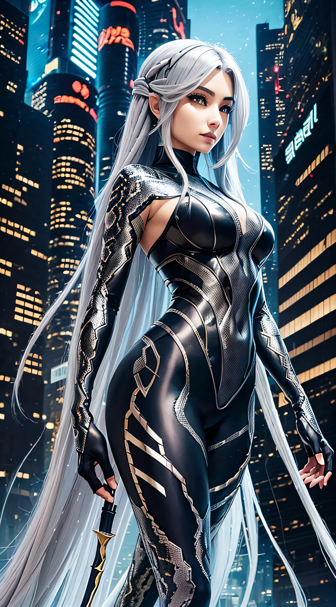 Nuwa, long gray hair, snake man, snake and human fusion, human body, snake tail, (upper body human lower body snake), snake skin reflective (complex details), magic staff, proud figure, cyberpunk, dark style