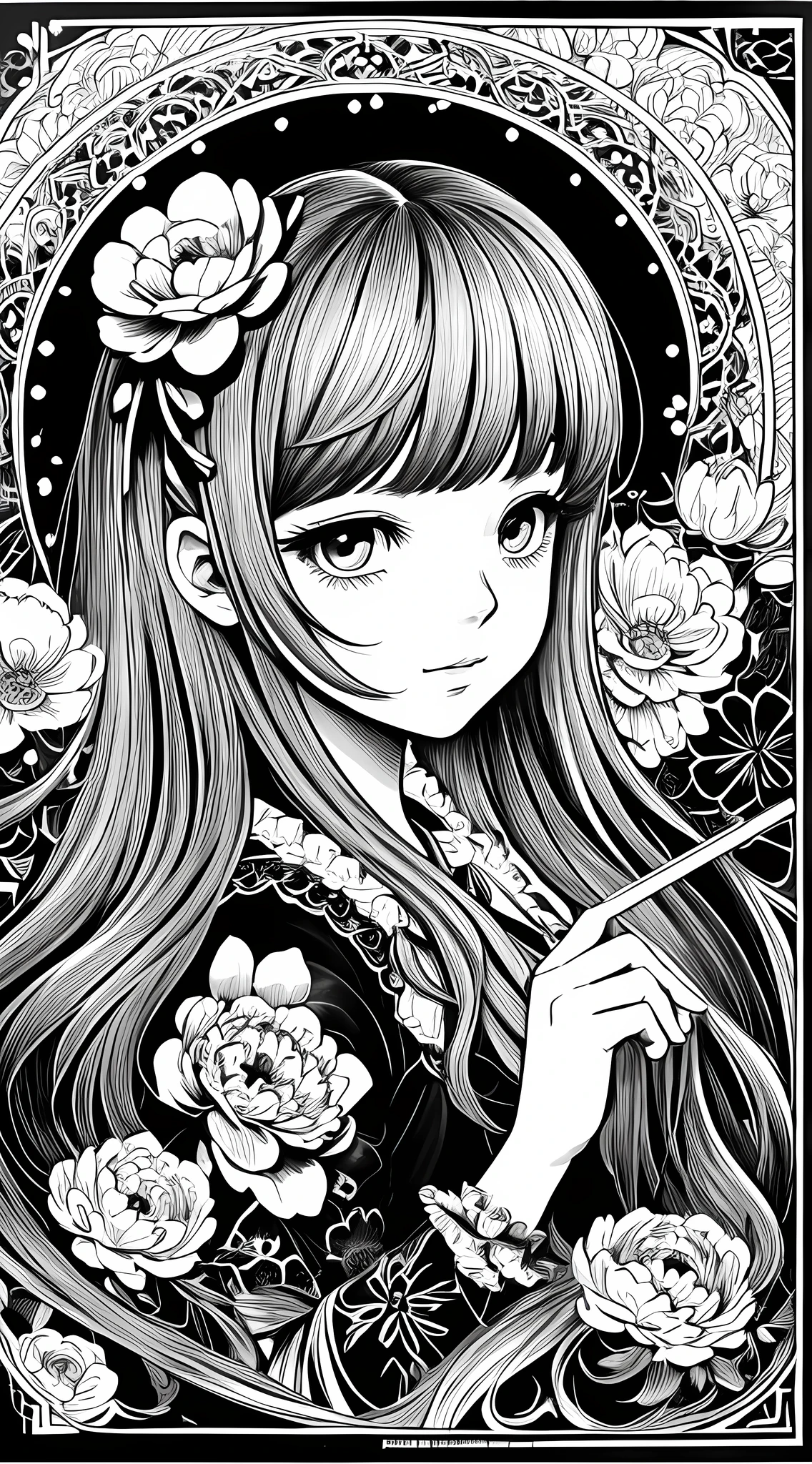 Black and white stick figure girl with peony background, loli in dress with flowers, its fine ink line art, manga style, portrait of magical Lolita girl, beautiful line art, black and white comic style, manga style, manga art style, pencil and ink caricature drawing, black and white coloring --auto --s2