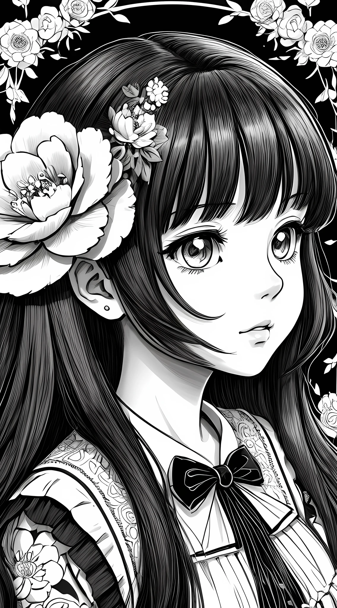 Black and white stick figure girl with peony background, loli in dress with flowers, its fine ink line art, manga style, portrait of magical Lolita girl, beautiful line art, black and white comic style, manga style, manga art style, pencil and ink caricature drawing, black and white coloring --auto --s2