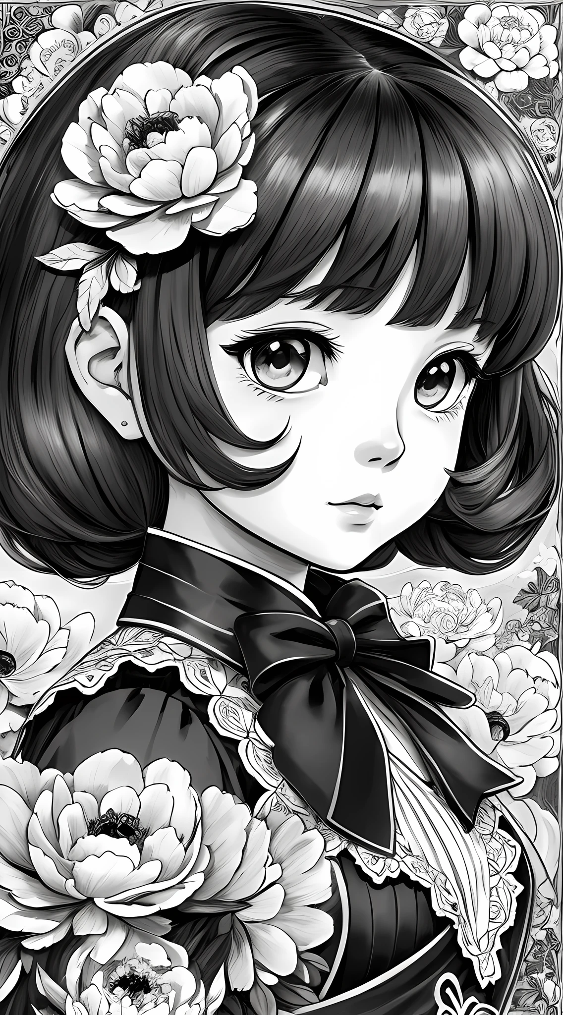 Black and white stick figure girl with peony background, loli in dress with flowers, its fine ink line art, manga style, portrait of magical Lolita girl, beautiful line art, black and white comic style, manga style, manga art style, pencil and ink caricature drawing, black and white coloring --auto --s2