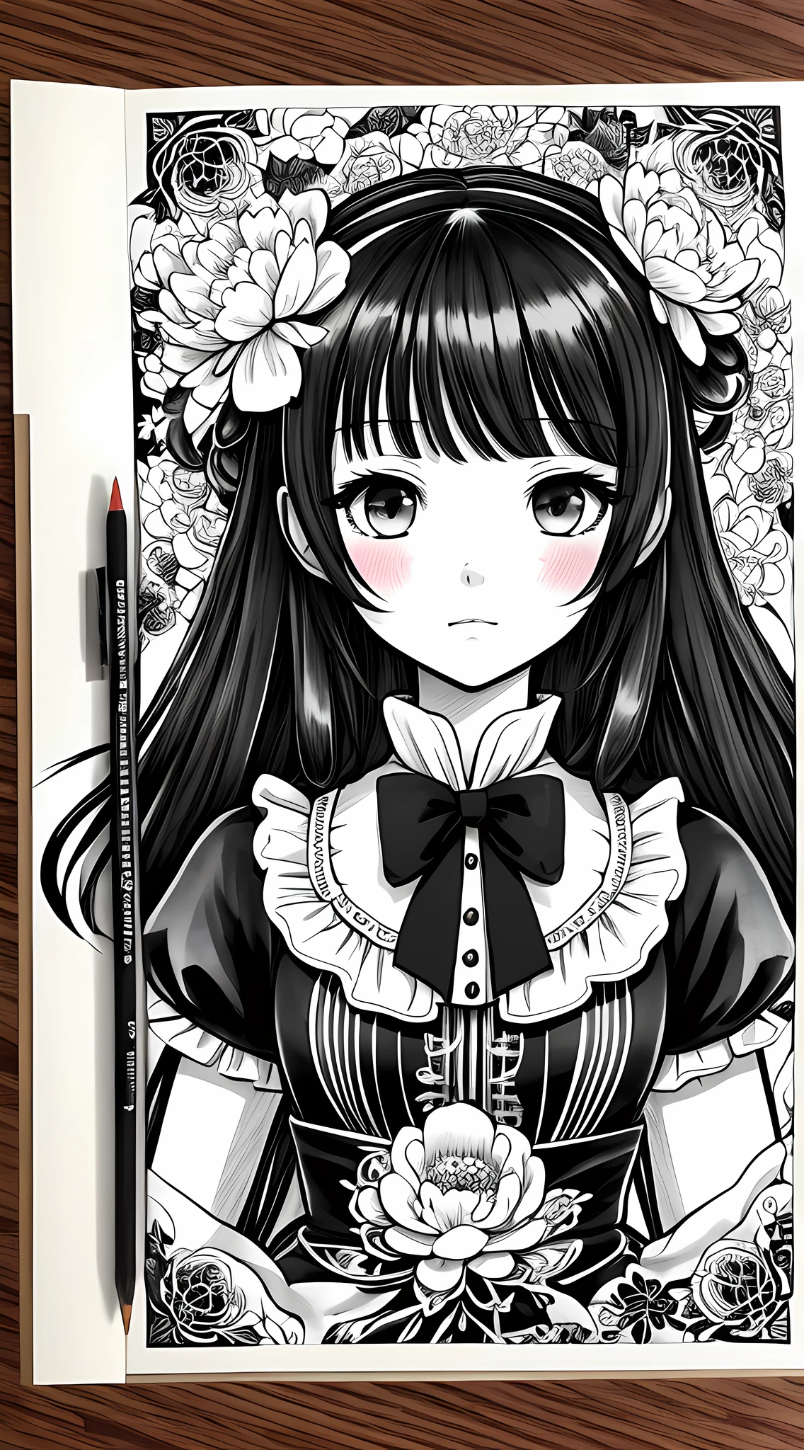 Black and white stick figure girl with peony background, loli in dress with flowers, its fine ink line art, manga style, portrait of magical Lolita girl, beautiful line art, black and white comic style, manga style, manga art style, pencil and ink caricature drawing, black and white coloring --auto --s2