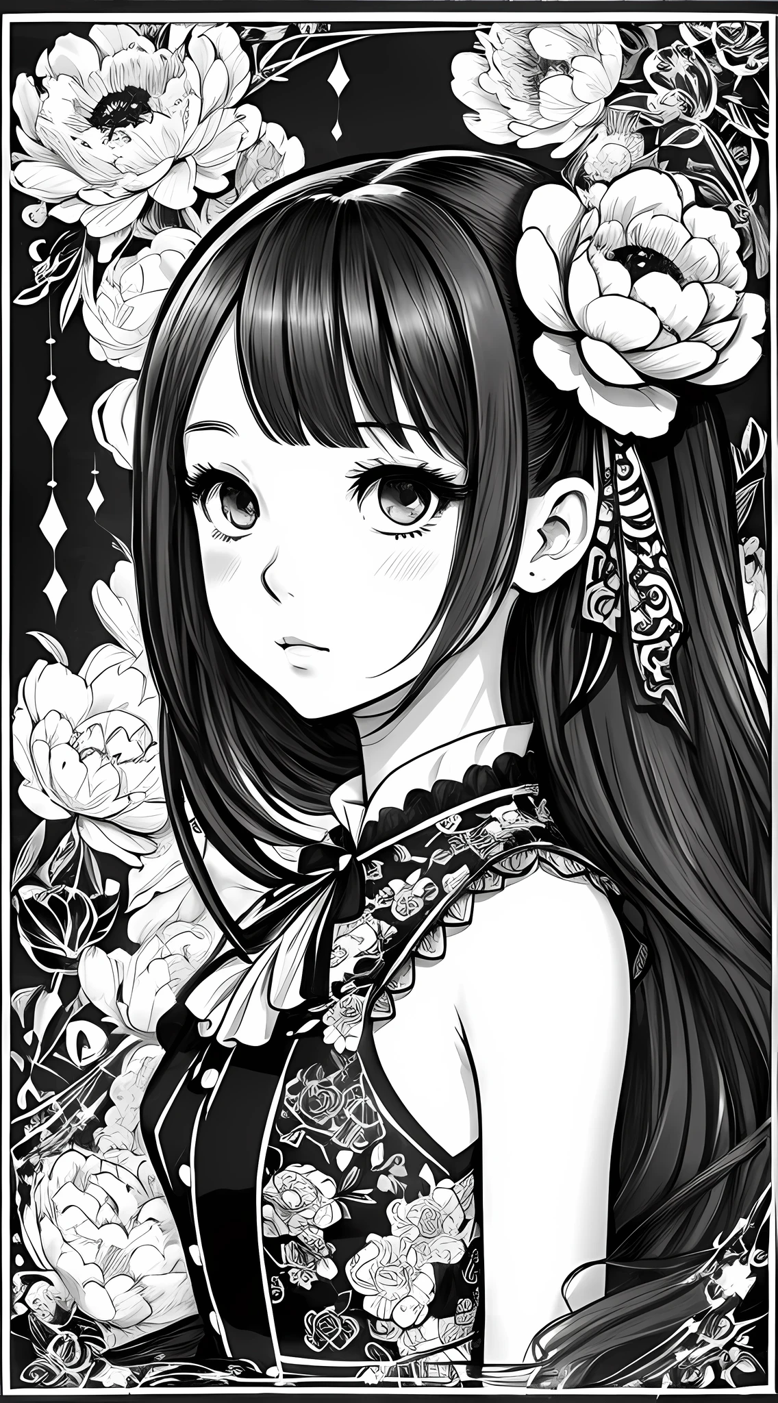 Black and white stick figure girl with peony background, loli in dress with flowers, its fine ink line art, manga style, portrait of magical Lolita girl, beautiful line art, black and white comic style, manga style, manga art style, pencil and ink caricature drawing, black and white coloring --auto --s2