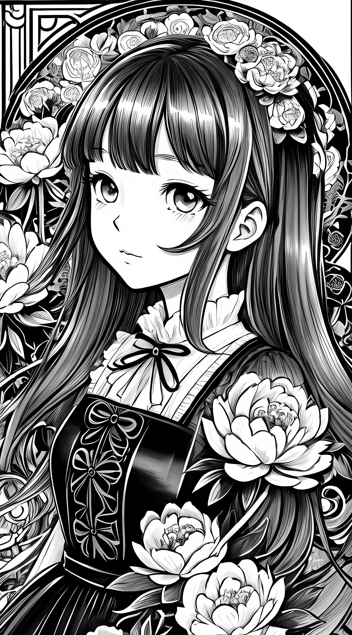 Black and white stick figure girl with peony background, loli in dress with flowers, its fine ink line art, manga style, portrait of magical Lolita girl, beautiful line art, black and white comic style, manga style, manga art style, pencil and ink caricature drawing, black and white coloring --auto --s2