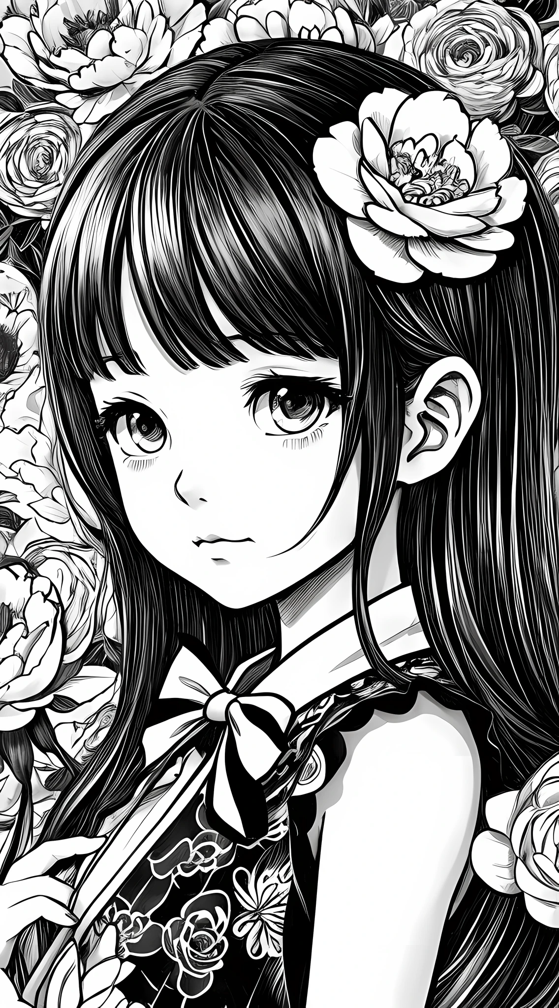 Black and white stick figure girl with peony background, in dress with flowers, its fine ink line art, manga style, portrait of magical Loliirl, beautiful line art, black and white comic style, manga style, manga art style, pencil and ink caricature drawing, black and white coloring --auto --s2