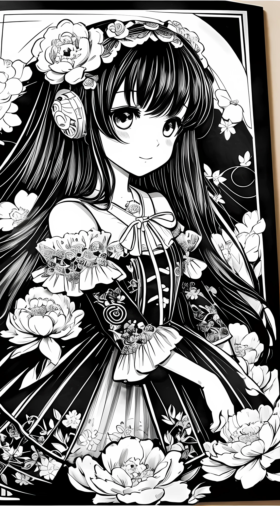 Black and white stick figure girl with peony background, loli in dress with flowers, its fine ink line art, manga style, portrait of magical Lolita girl, beautiful line art, black and white comic style, manga style, manga art style, pencil and ink caricature drawing, black and white coloring --auto --s2