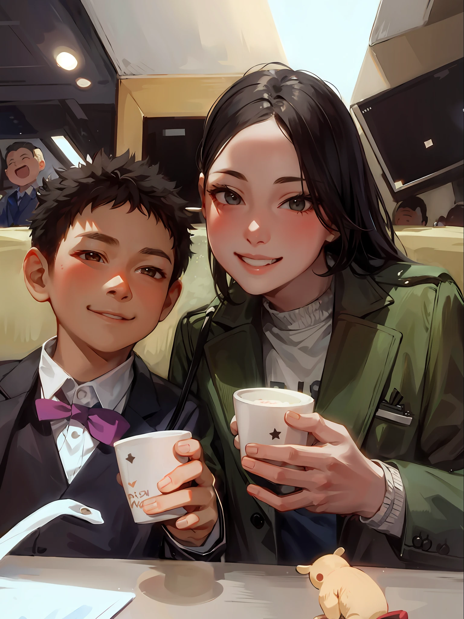 1girl, 1 little boy, looking at the audience, smiling, black hair