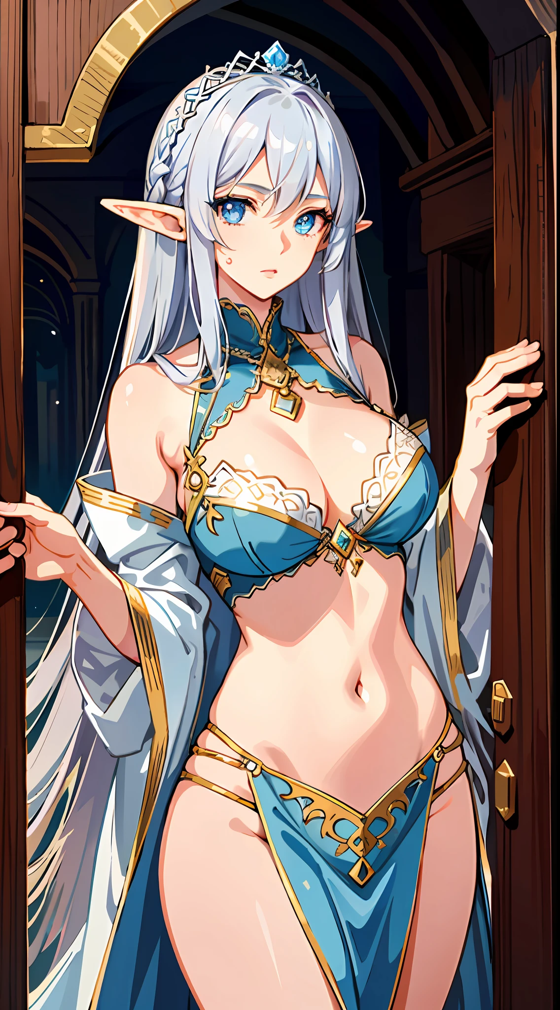 (best quality), best illustration, intricate details, ultra detailed, (2D), hair between eyes, splendid illustration, extremely detailed, 1girl, (bishoujo), ((beautiful detailed face)), (pretty_face+round_face), ((beautiful detailed eyes)), A tall and beautiful elf woman, light blue glowing eyes, perfect face, beautful face, pink lips, cold expression, flushed face, proud posture, chest up, (silver tied hair), exposed chest, huge chests:1.4, exposed shoulders, showing her navel and thighs, beautful thighs looking up at the camera, in a medieval inn, transparent and revealing clothes,