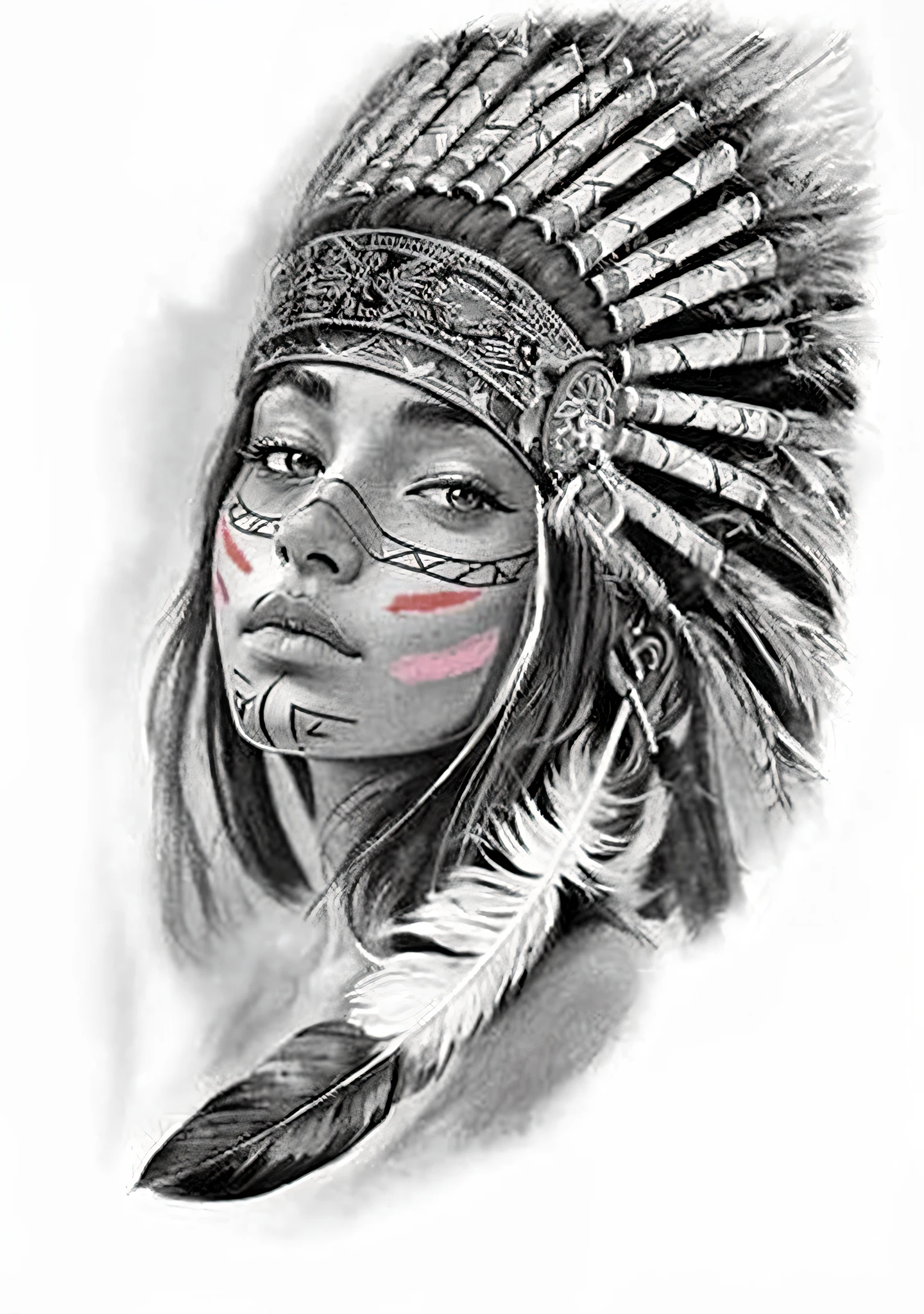 a drawing of a native woman with feathers on her head, native american, indian warrior, great detailed face, : native american shamen fantasy, native american warrior, realism tattoo drawing, ✏️🎨, by Mario Dubsky, realism tattoo design, highly detailed portrait, beautiful detailed face, by Afewerk Tekle, very detailed and beautiful face, realism tattoo sketch