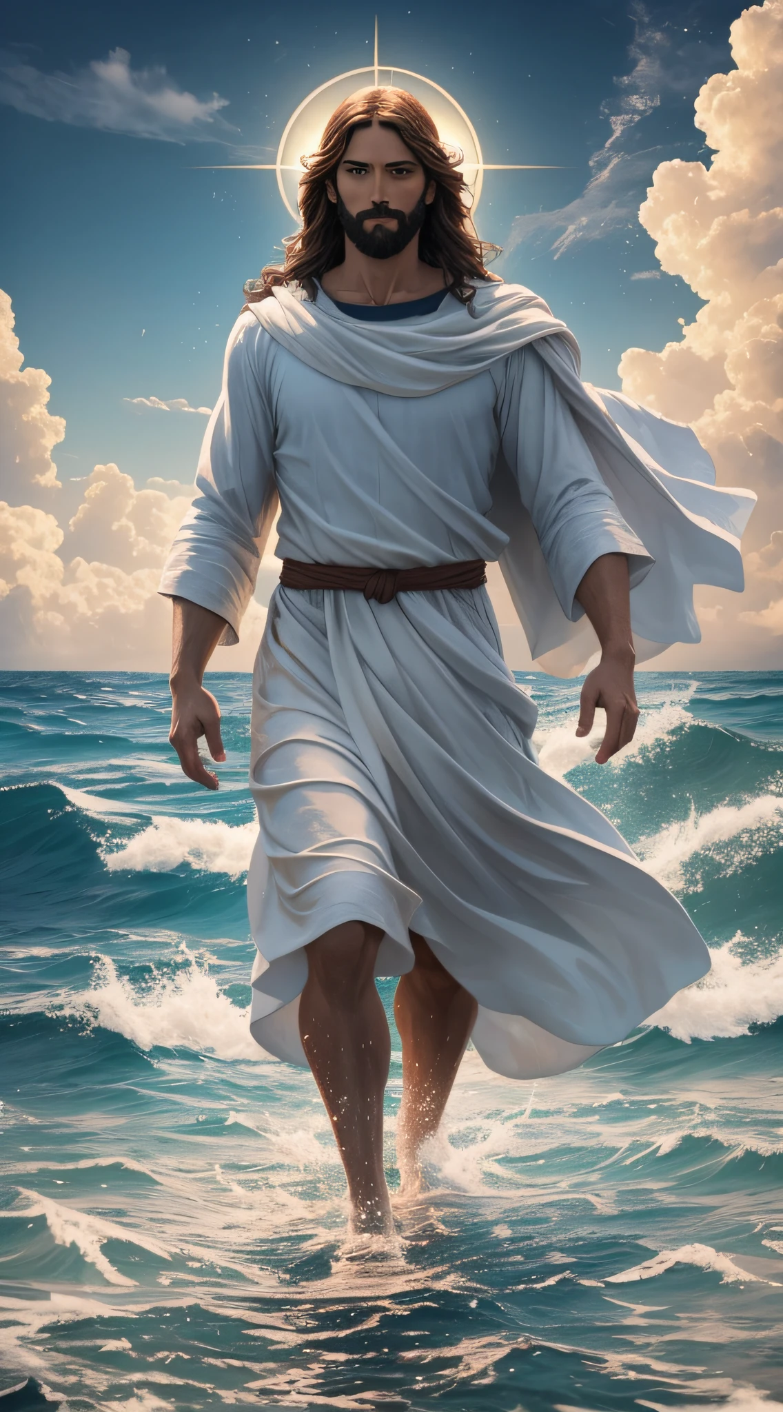 Jesus Christ walking on the ocean in the middle of a tempestada, realistic, work of art, 8k, (perfect anatomy), undeformed face.