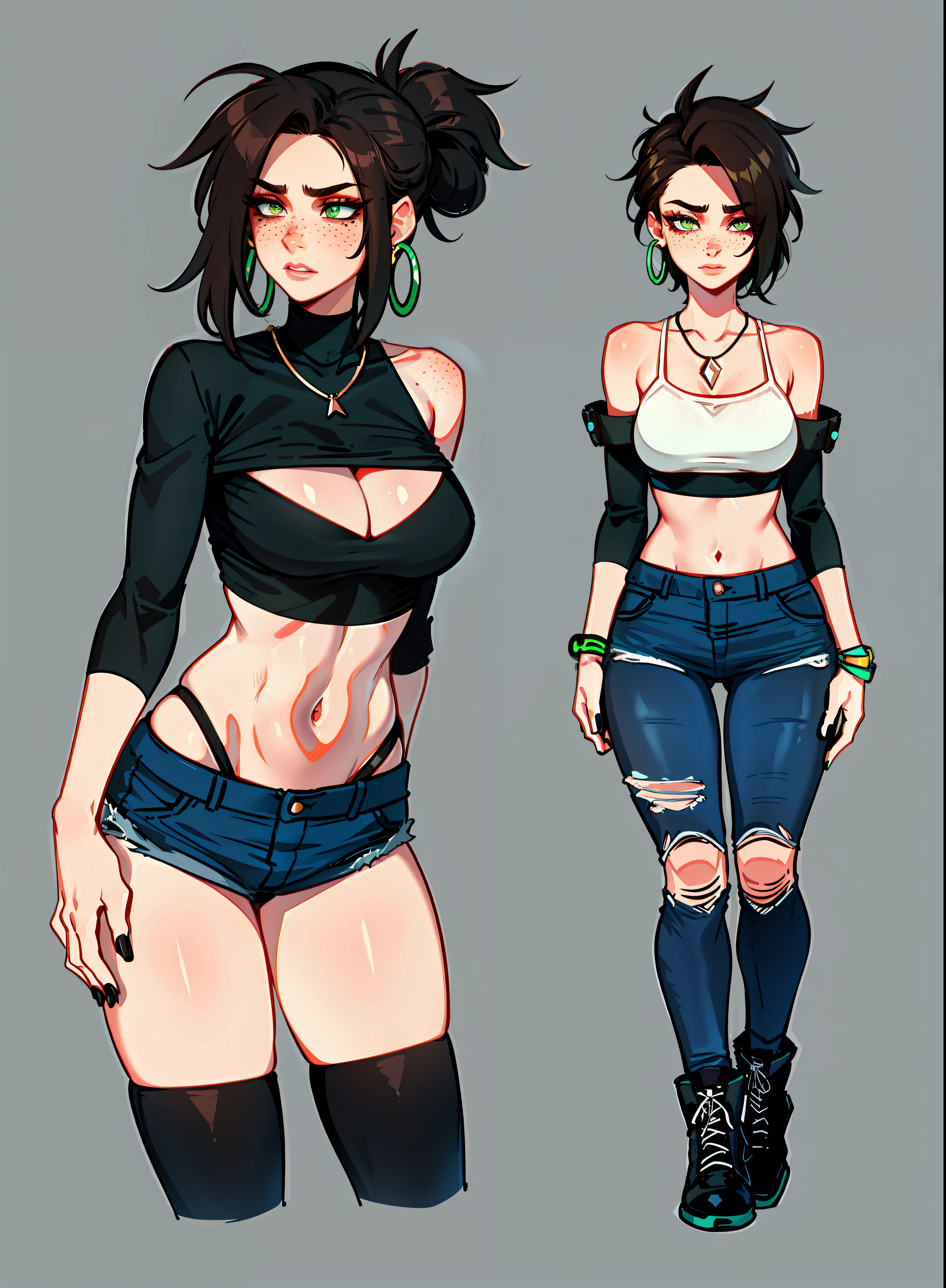 has short, messy dark brown hair that she usually wears in a tousled style. Her face is angular with high cheekbones, a straight nose, and full lips. She has bright green eyes that are often smudged with black eyeliner, giving her a slightly edgy look. Her skin pale and dotted with a few freckles across her nose and cheeks. tall and lean with a toned, athletic build from years of playing sports. broad shoulders and a narrow waist, giving her an androgynous look. Casual clothing like croptop, hoodies, and ripped short jeans. combat boots and accessorizes with simple jewelry like leather bracelets or silver hoop earrings. Despite her tomboyish style, she still likes to show off her femininity with small touches like painted nails or a delicate necklace.