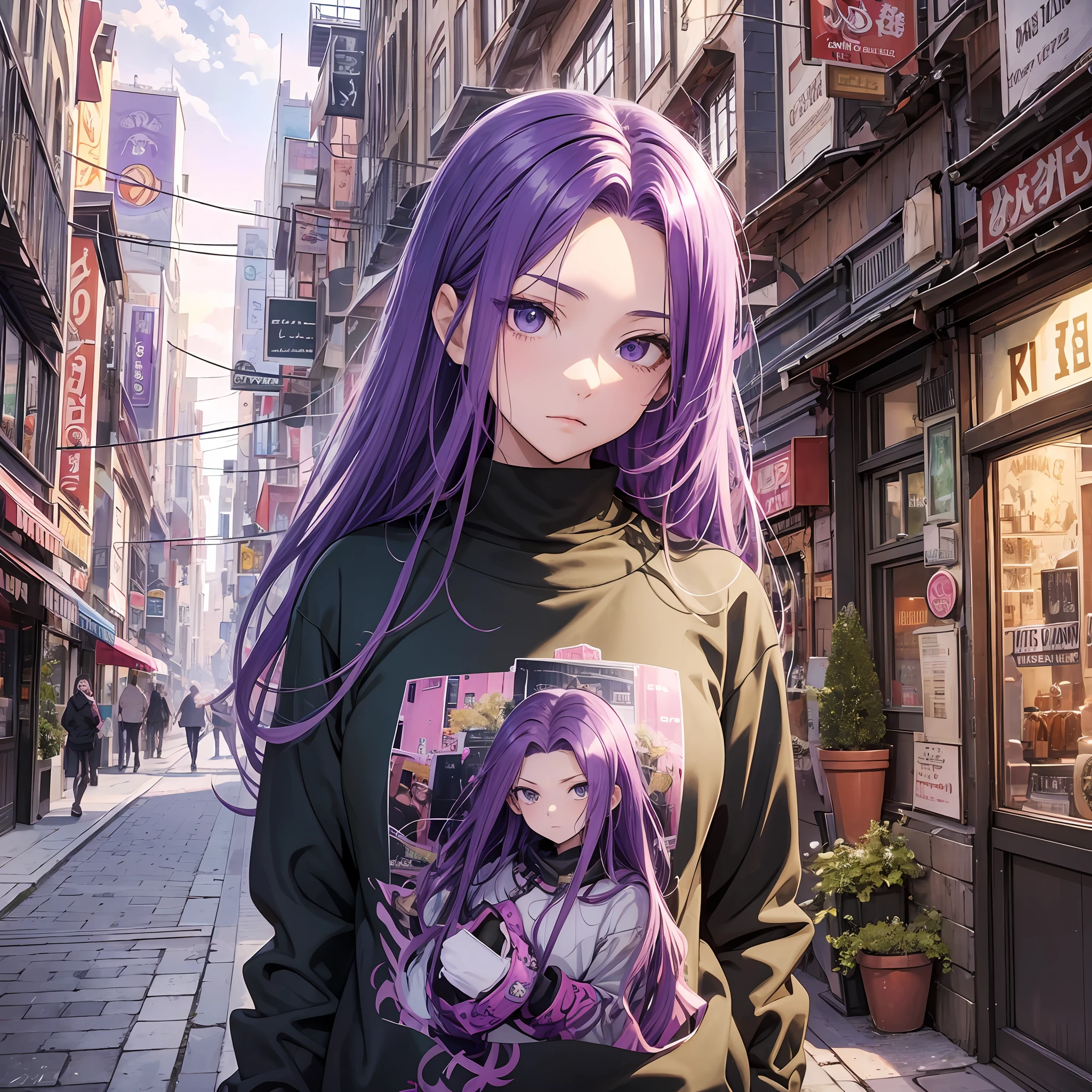masterpiece, best quality, illustration, city street, 1girl, Medusa, Rider,\(fate\), cowboy shot, skinny, purple eyes, purple hair, green eyes, pink pajamas, hunting sweatshirt, one roome is 20 years old, stale anime, detailed, anime, medusa rider, high resolution, --auto --s2