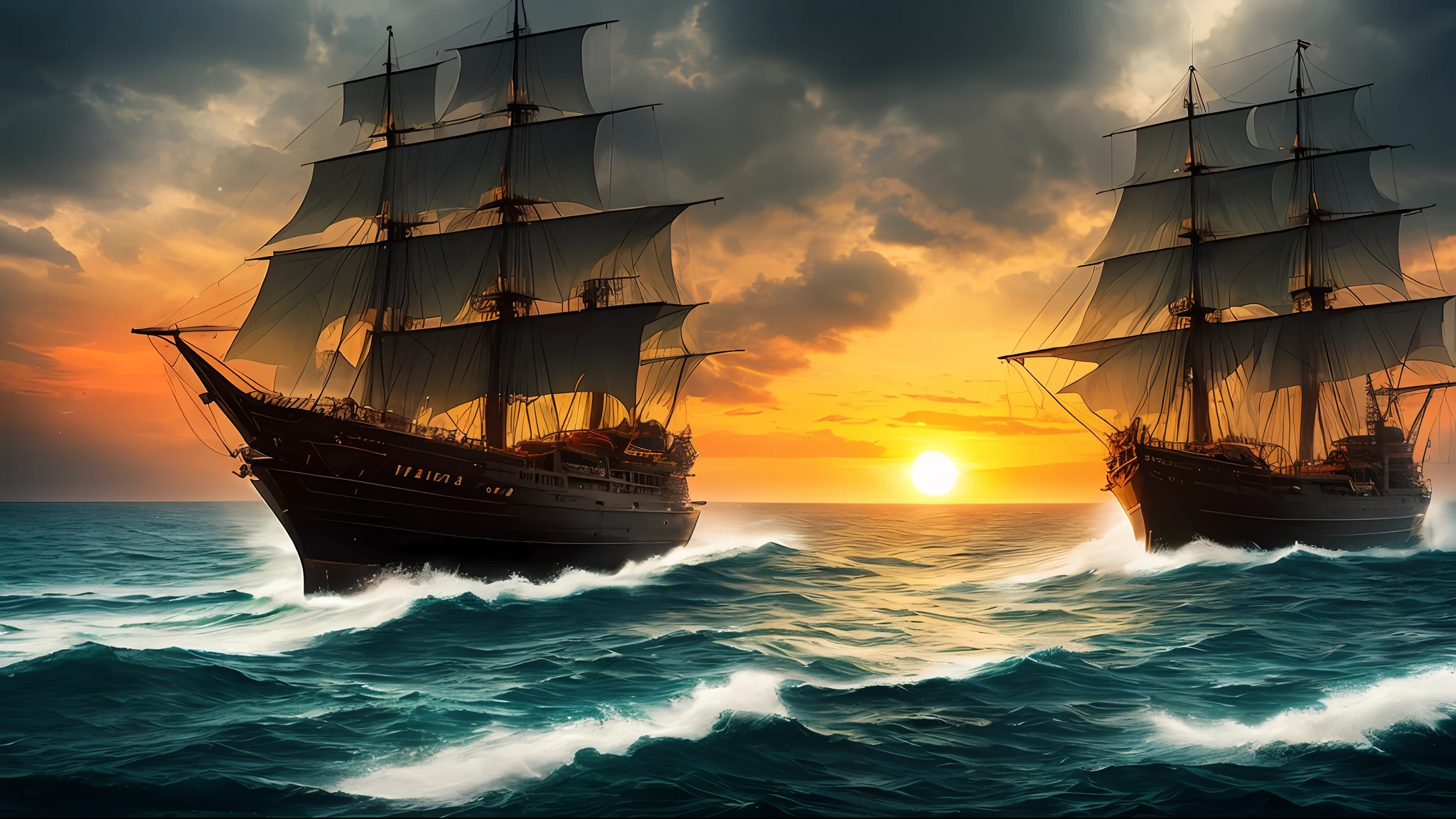 The ship is in the center of the sea, dark night, fierce storm, HD, mermaid, orange thunder background, best quality, best ship, 16k, big ship,