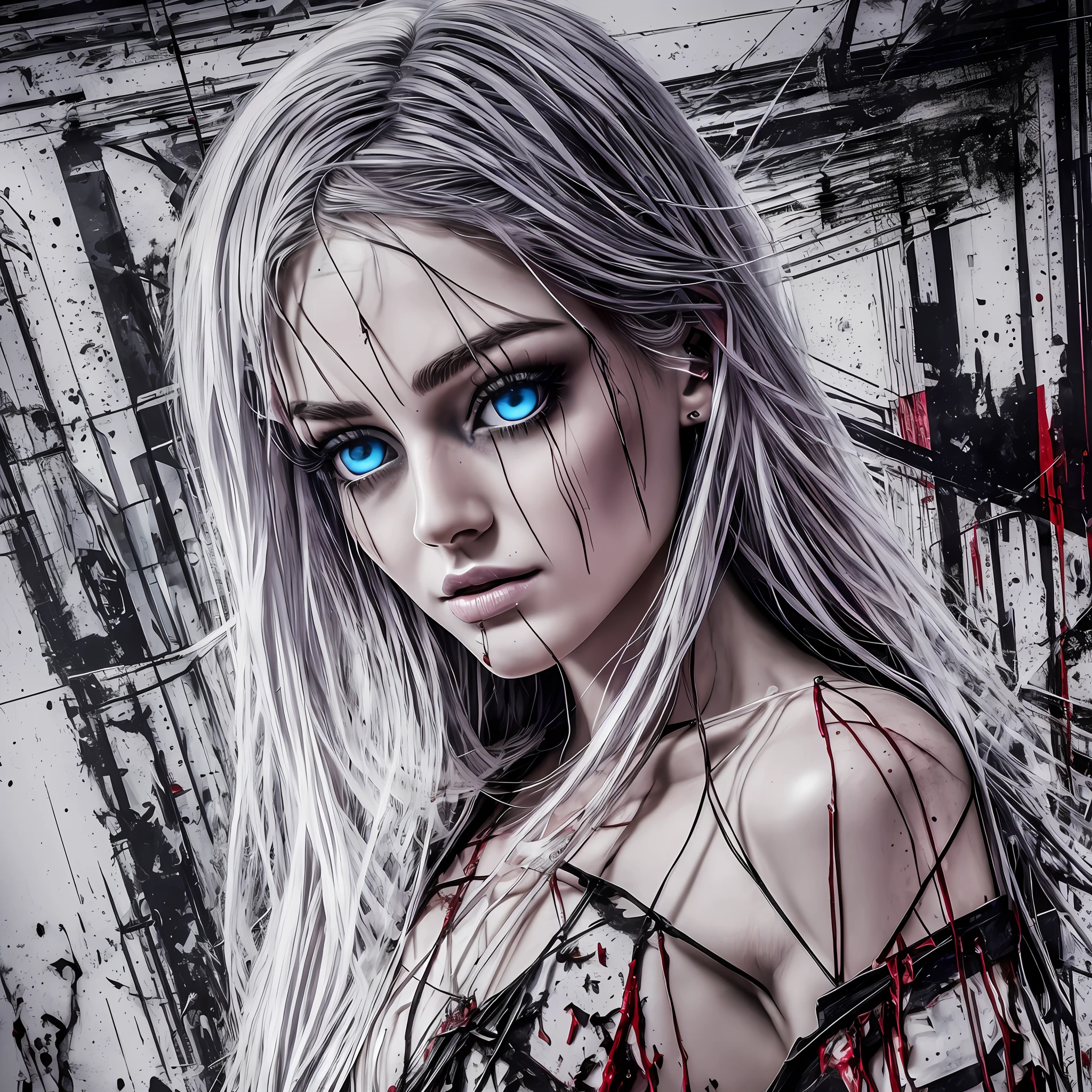 (top quality, best quality, masterpiece, 8k), (dark), (horror), (horrifying), (agony), (fear), (psychedelic), (cyberpunk), (cold colors), (black and white), (vibrant, bright), (realistic photo), (real photo), (real woman, real), american woman with a torn outfit, dirty with blood, (long hair with a lot of volume white color, grayish blue eyes, perfect face, perfect eyes, extremely thin body, has no breasts), in a dimly lit and cluttered shadowy basement. --auto --s2