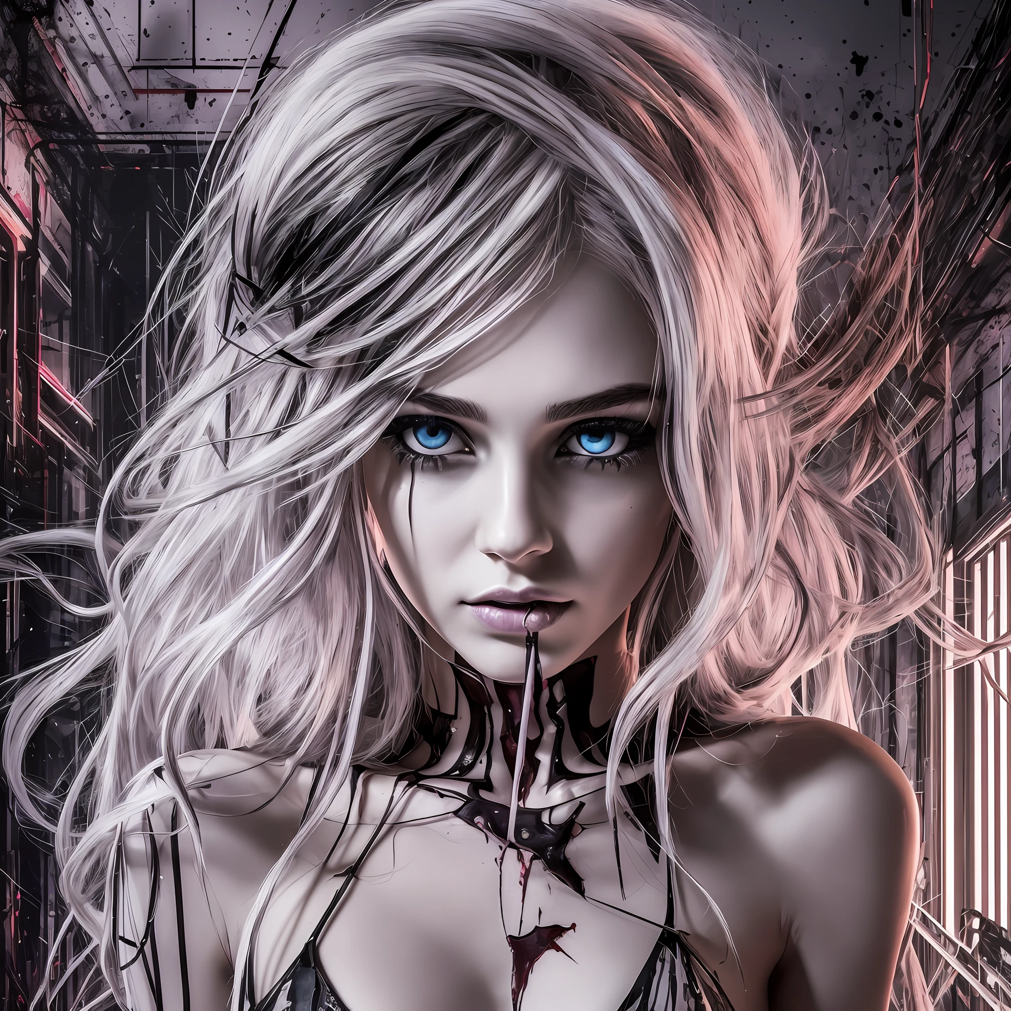 (top quality, best quality, masterpiece, 8k), (dark), (horror), (horrifying), (agony), (fear), (psychedelic), (cyberpunk), (cold colors), (black and white), (vibrant, bright), (realistic photo), (real photo), (real woman, real), american woman with a torn outfit, dirty with blood, (long hair with a lot of volume white color, grayish blue eyes, perfect face, perfect eyes, extremely thin body, has no ), in a dimly lit and cluttered shadowy basement. --auto --s2