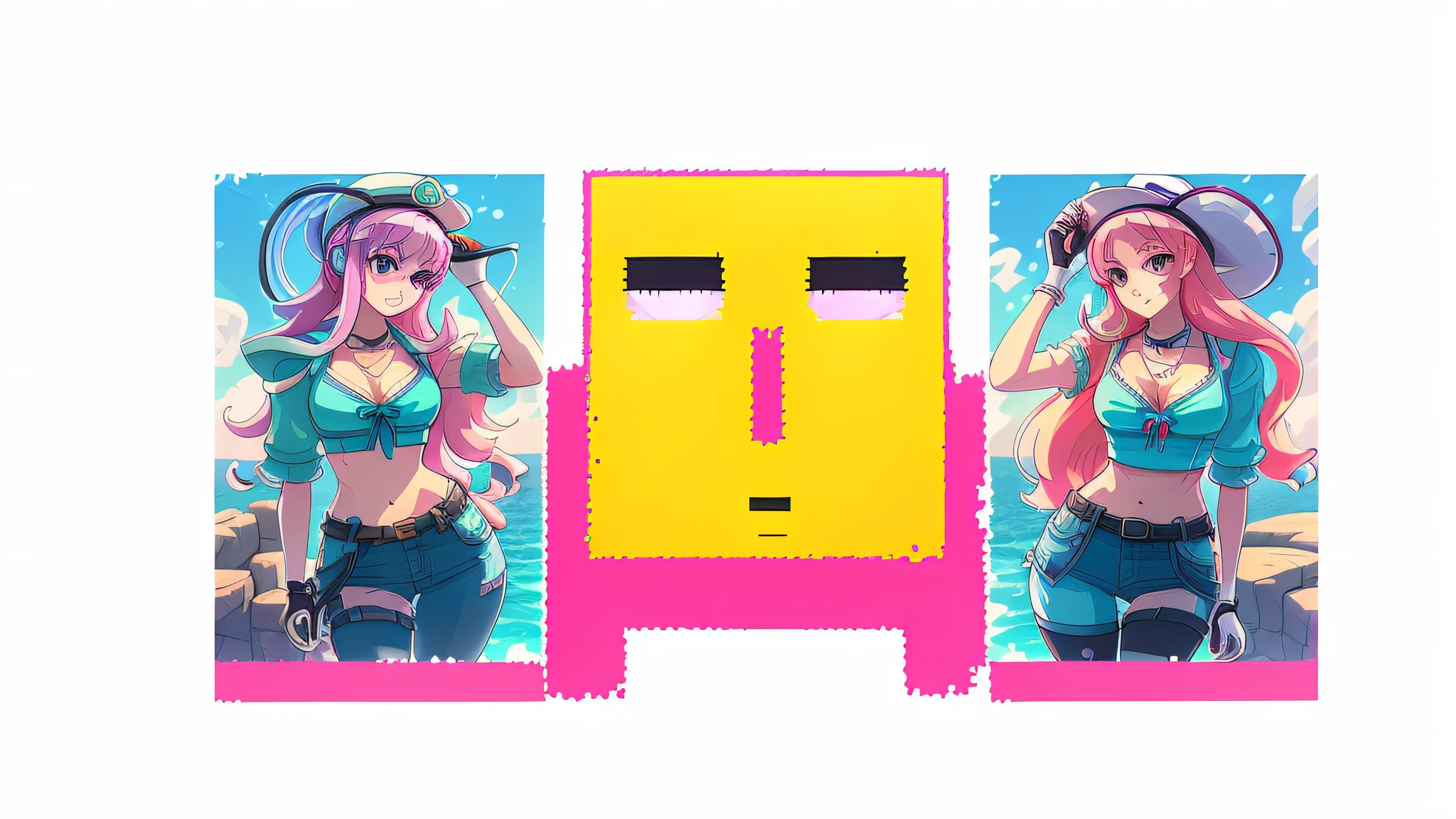 There is a photo of a woman with a face made of a square, Madeline from Celeste, bubblegum body, Danbooru and Artstation, Abigail from Stardew Valley, Nami from One Piece, anime style mixed with Fujifilm, fused characters, Deviantart Artstation CGScosiety, Ahegao face, Miss Fortune League of Legends, official art, pink iconic character,16k --auto --s2